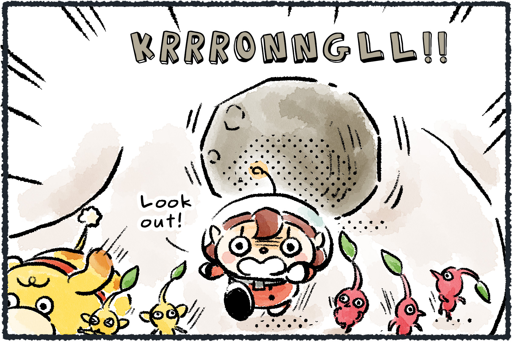 Panel one. A Rescue Officer cries "Look out!" as she, Oatchi, and several Pikmin flee from a runaway boulder.