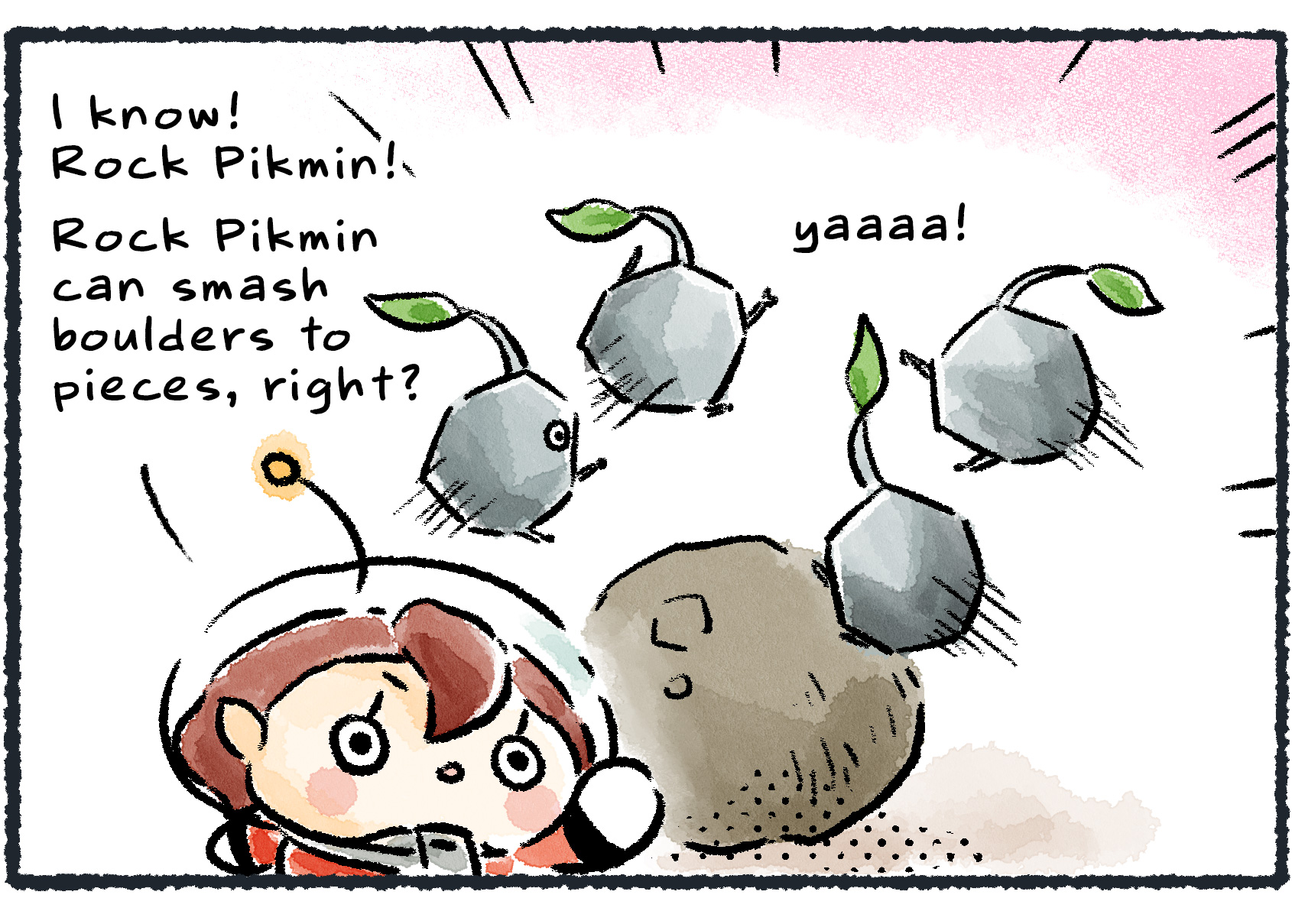 Panel Three. "Rock Pikmin can smash boulders to pieces, right?" the Rescue Officer says. She blows her whistle and the Rock Pikmin get to work, jumping onto the next boulder they see. 