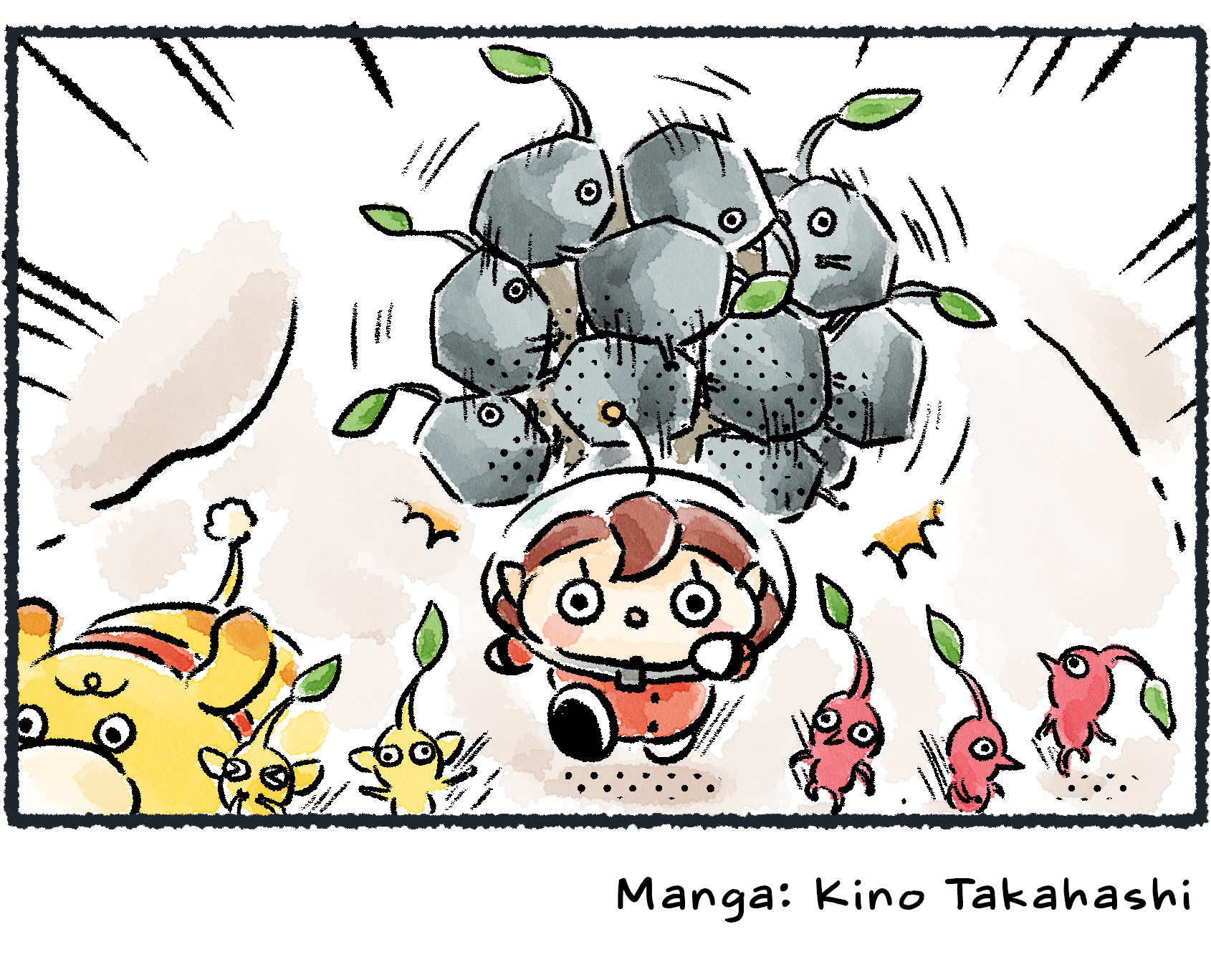 Panel four. A Rescue Officer cries "yaaaa!" as she, Oatchi, and several Pikmin flee from another runaway boulder. This one is even bigger because it is covered in Rock Pikmin.