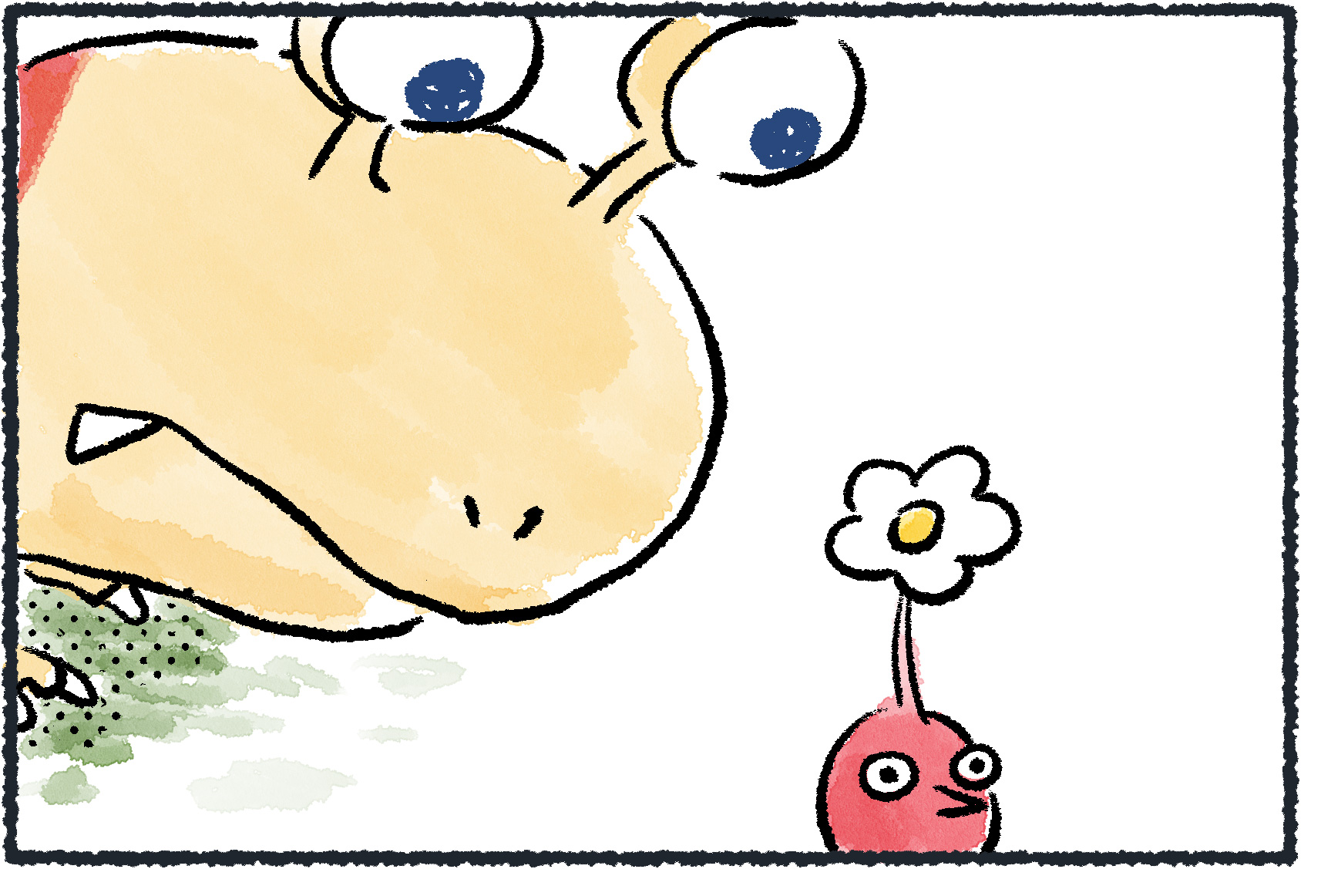 Panel one. A bulborb looms over a Red flower Pikmin.