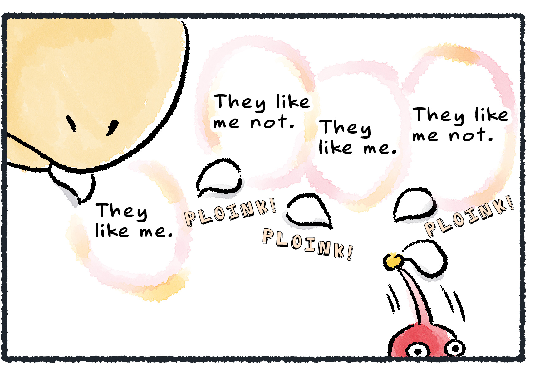 Panel two. The bulborb pulls the flower petals off the Red Pikmin one at a time, playing a game: "They like me. They like me not. They like me. They like me not."