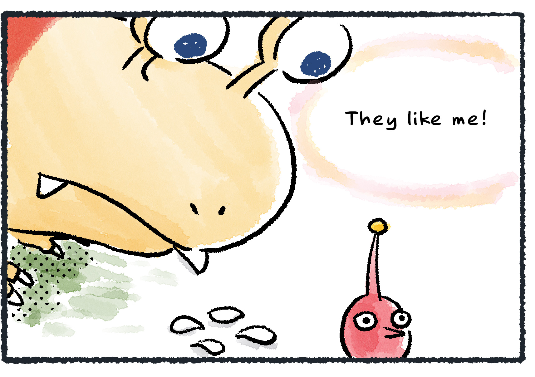 Panel three. The bulborb pulls off the last petal: "They like me!" The Red Pikmin, now without any petals on its flower, is holding very still. It seems like the game is over.
