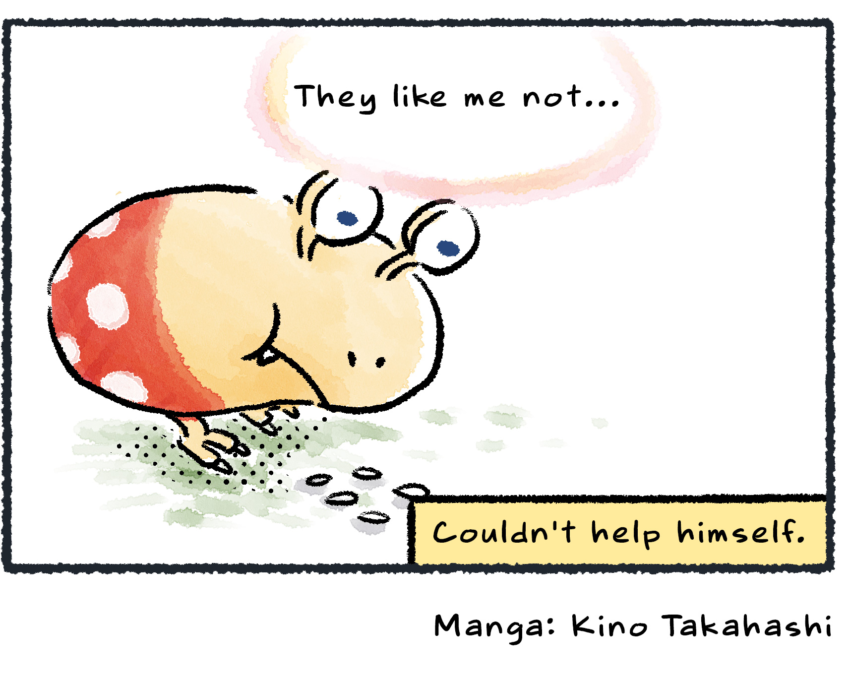 Panel four. The bulborb can't help himself—he gobbles up the Red Pikmin. He then looks sadly at the petals on the ground as the game takes one final turn: "They like me not..."