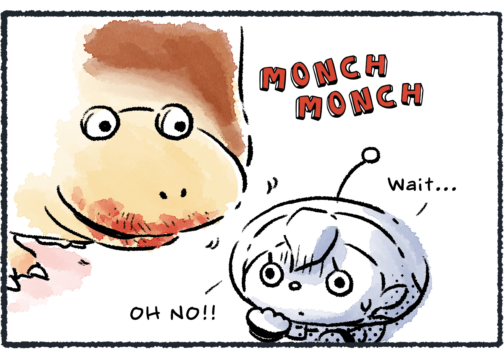 Panel three. The Giant Breadbug gets close. Its mouth is making munching noises. "Wait..." the Rescue Officer says. Seeing the red mouth, her face blanches as she fears the worst: "OH NO!!"