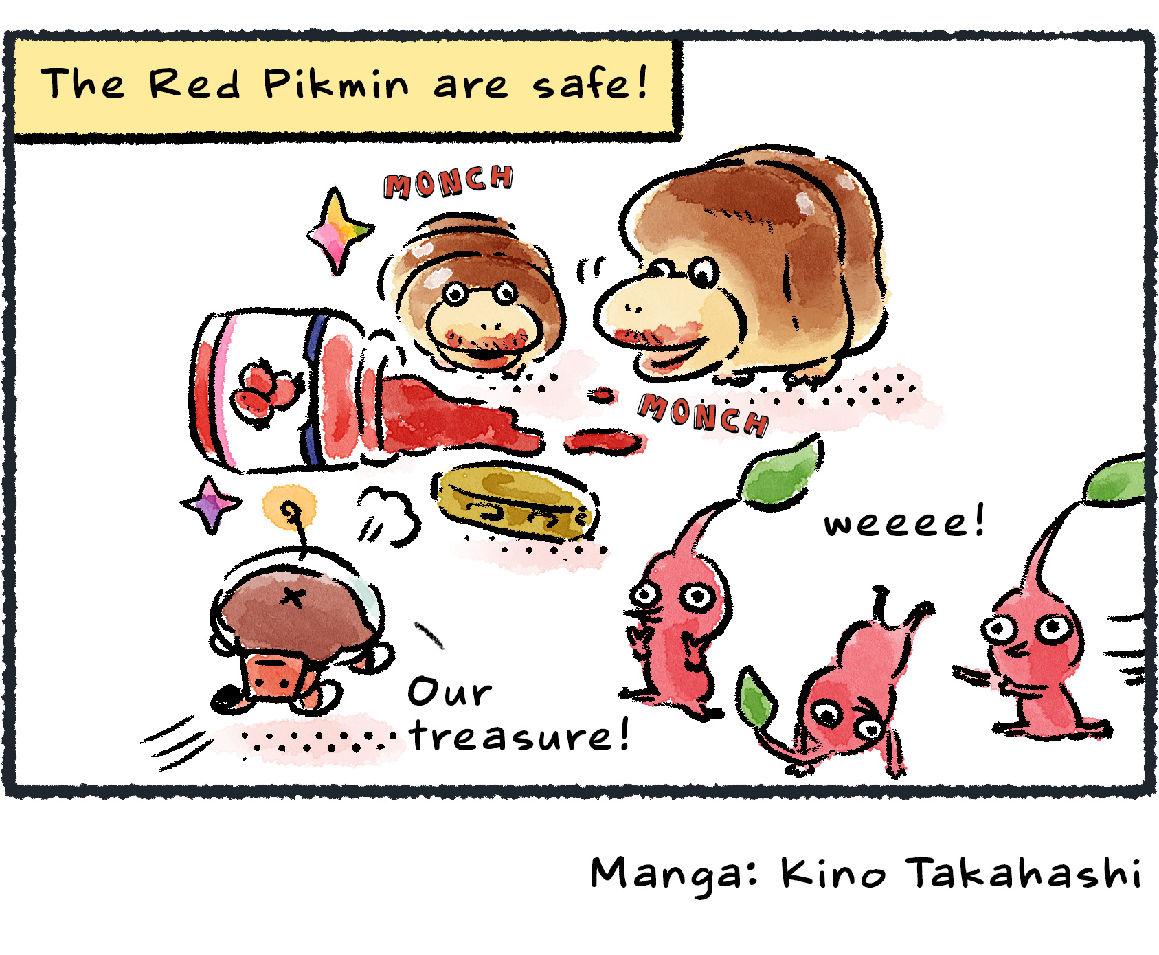 Panel four. Breadbugs are eating spilled jam out of an overturned jar—that's why their mouths are red. "Our treasure!" The Rescue Officer cries. But at least the Pikmin are safe.