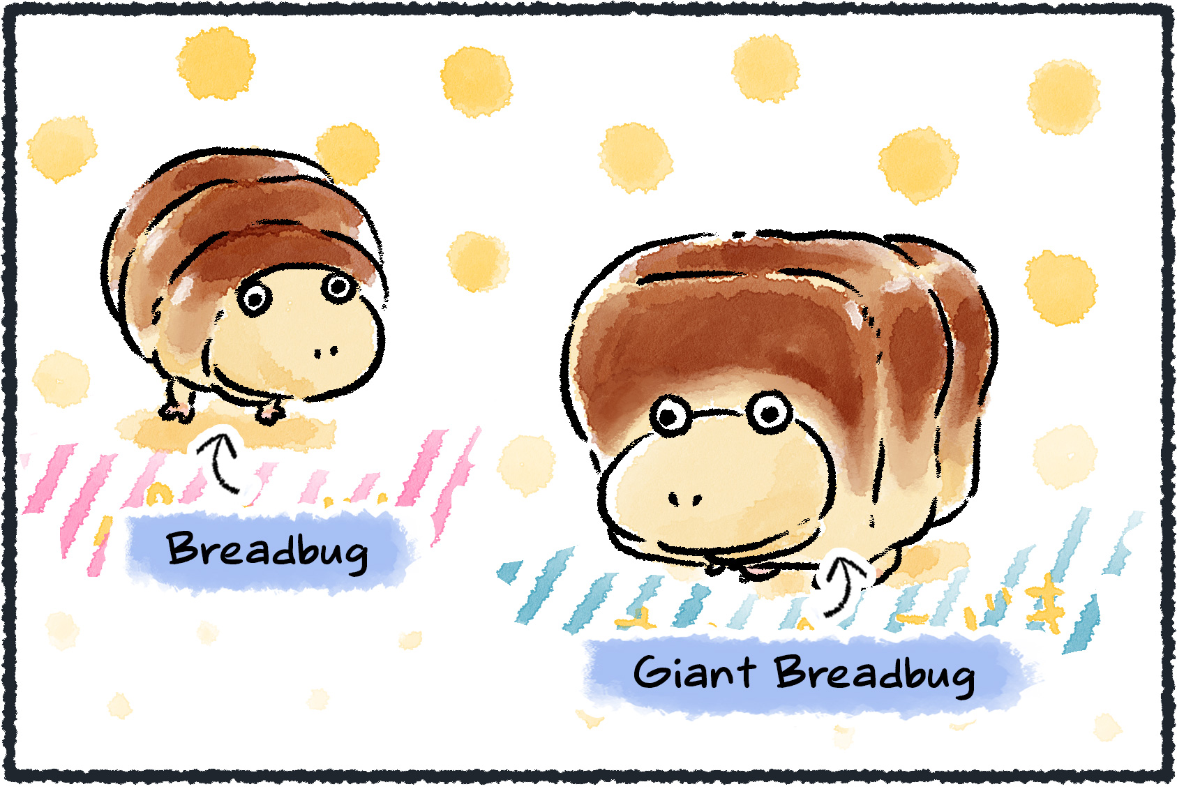 Panel one. A Breadbug and a Giant Breadbug, each labelled with a colorful banner.