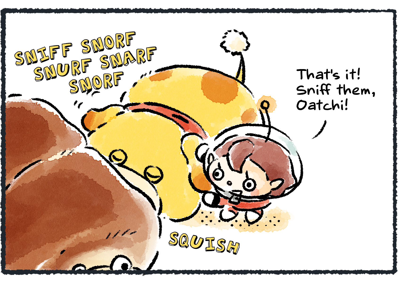 Panel three. The Rescue Officer leads Oatchi up to the Giant Breadbug's side. "That's it!" she says. "Sniff them, Oatchi!" Oatchi begins sniffing: "sniff snorf snurf snarf snorf"...