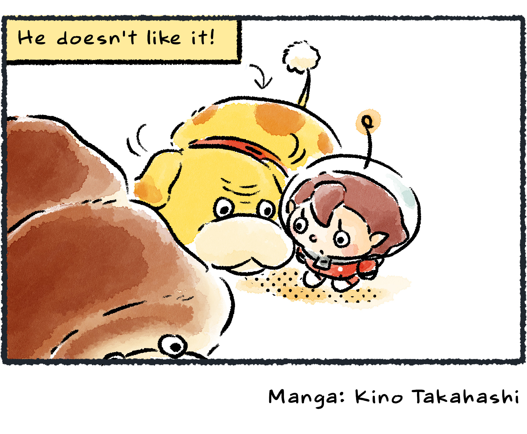 Panel four: Oatchi turns an angry look on the Rescue Officer. Apparently he doesn't like it!