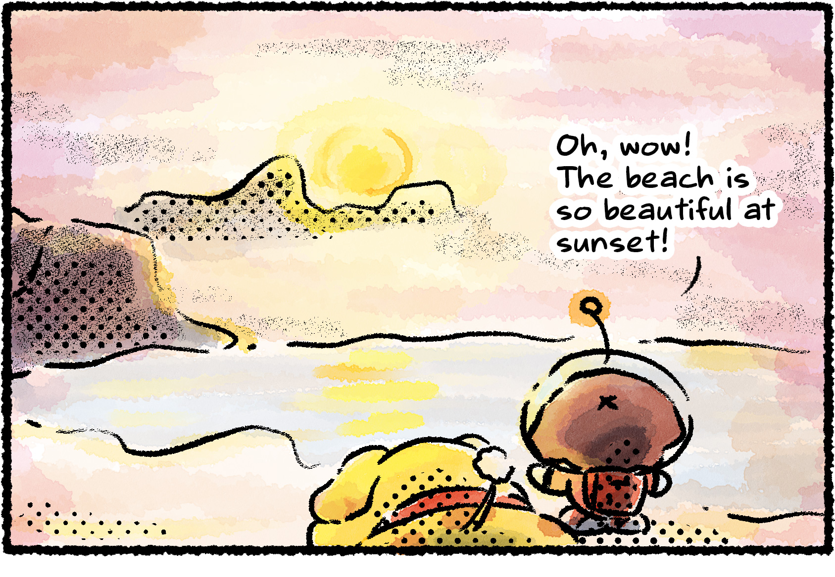 Panel one. Oatchi and a Rescue Officer are sitting by the ocean, watching the horizon. "Oh, wow! The beach is so beautiful at sunset!"