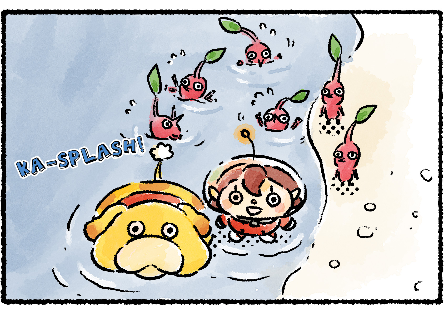 Panel two. From a different angle, we see that a group of Red Pikmin standing behind the Rescue Officer and Oatchi are struggling in the water that has splashed up onto the beach.
