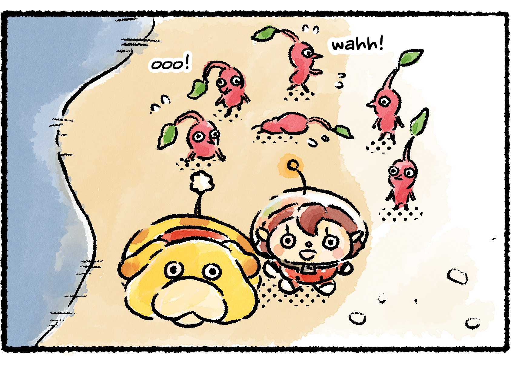 Panel three. The water recedes, leaving behind several dazed Red Pikmin in the sand. The Rescue Officer and Oatchi fail to notice and continue enjoying the sunset.