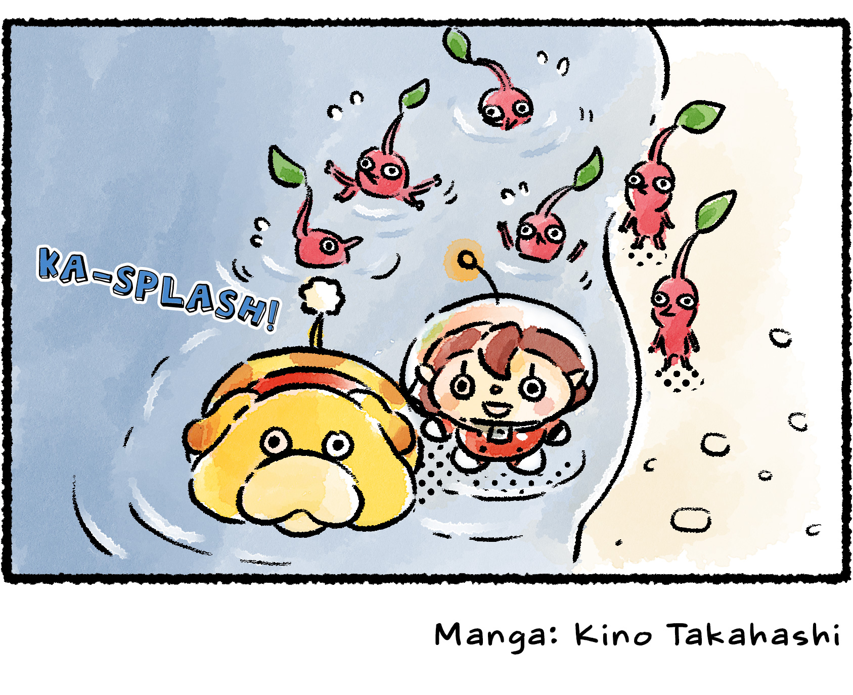 Panel four. The Rescue Officer and Oatchi remain oblivious as the water splashes into the Pikmin again.