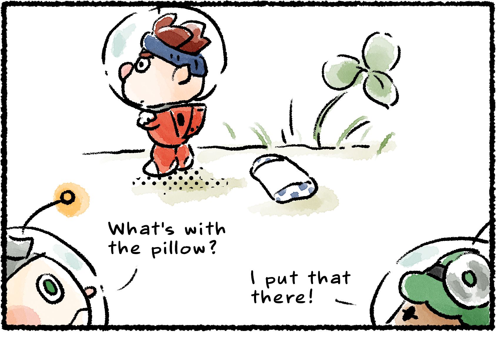 Panel one. Yonny and Collin are observing Dingo from a distance as he stands by a pillow that's been left out on the ground. "What's with the pillow?" Collin asks. Yonny explains: "I put that there!"