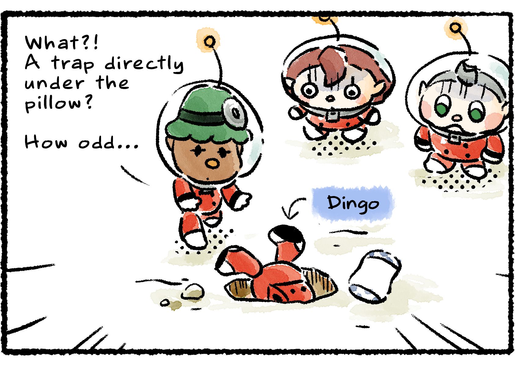 Panel three. A hole opens up in the ground as Dingo lands, and he falls in head first. Collin and the Rescue Officer look on in shock. "What?!" Yonny says, moving to help. "A trap directly under the pillow? How odd..."