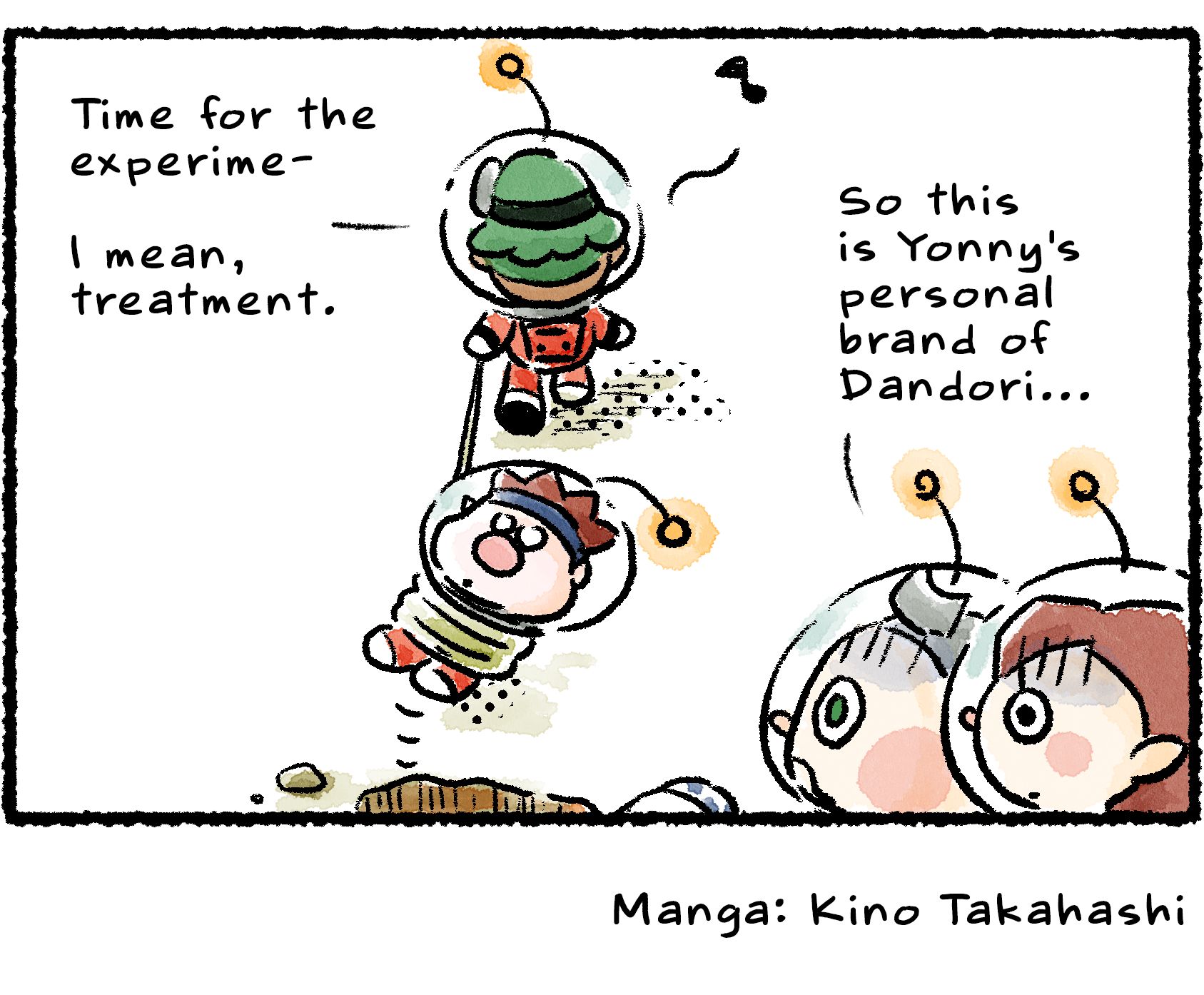 Panel four. Yonny pulls Dingo from the trap by tying him with a rope. "Time for the experime—I mean treatment," he says, while dragging Dingo away. Seeing the full plan, the Rescue Officer repeats: "So this is Yonny's personal brand of Dandori..."