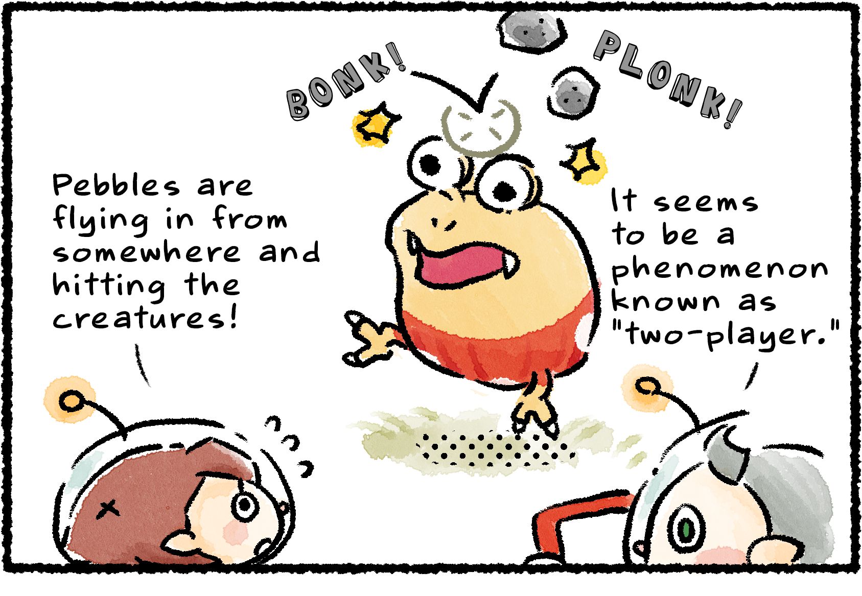 Panel one. Collin and a Rescue Officer see a Bulborb being pelted by pebbles. "Pebbles are flying in from somewhere and hitting the creatures!" the Rescue Officer says. "It seems to be a phenomenon known as 'two-player,'" Collin replies.