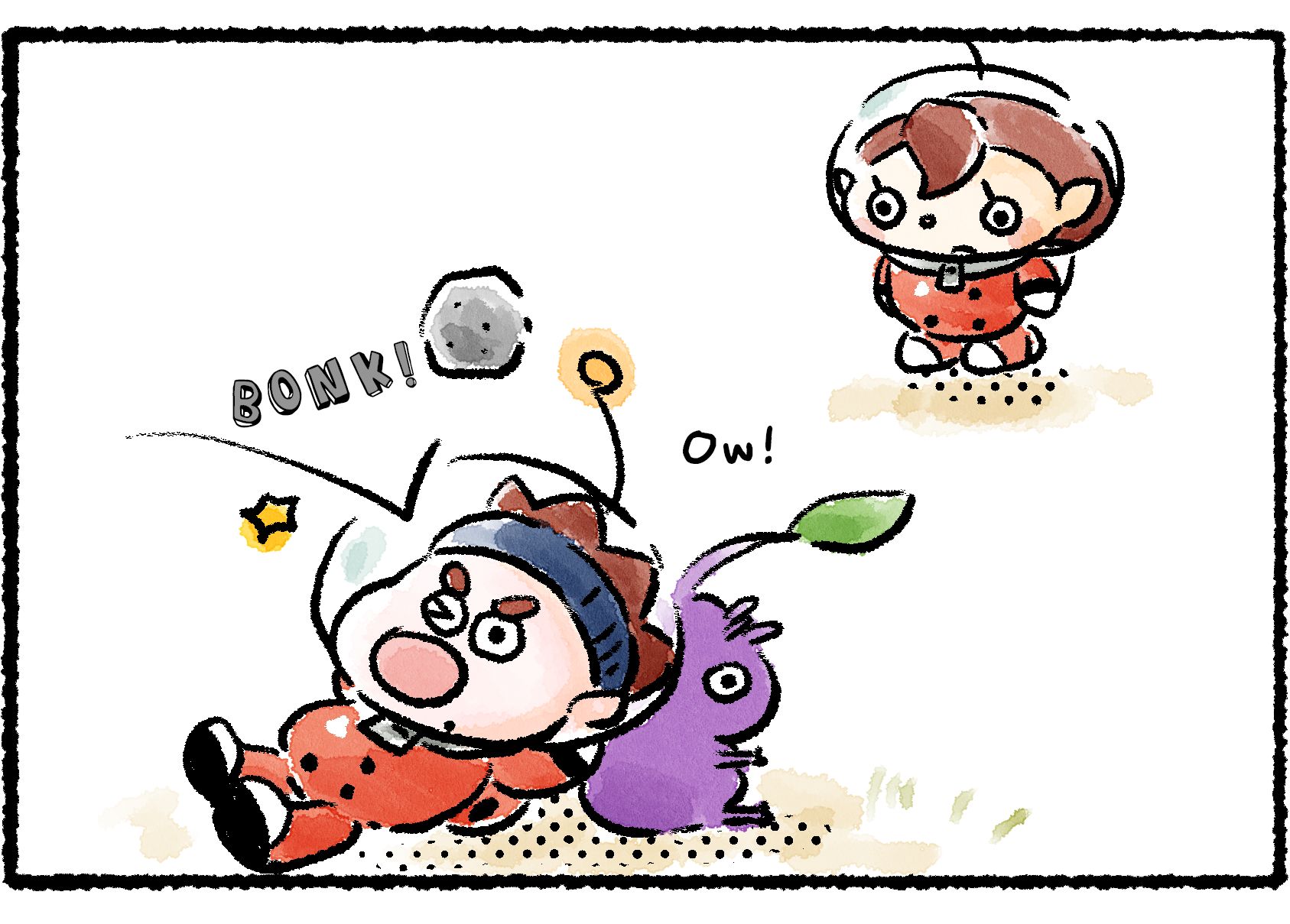 Panel three. The Rescue Officer watches as a pebble flies in and hits Dingo. "Ow!" Dingo says.