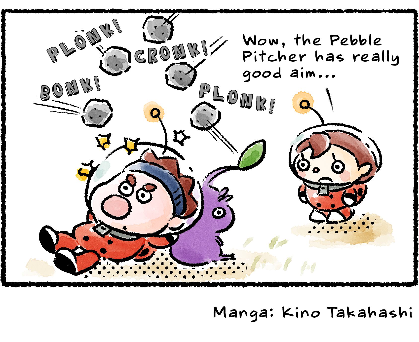 Panel four. Pebbles begin flying in from all directions, aimed precisely at Dingo. "Wow," the Rescue Officer says, "the Pebble Pitcher has really good aim..."