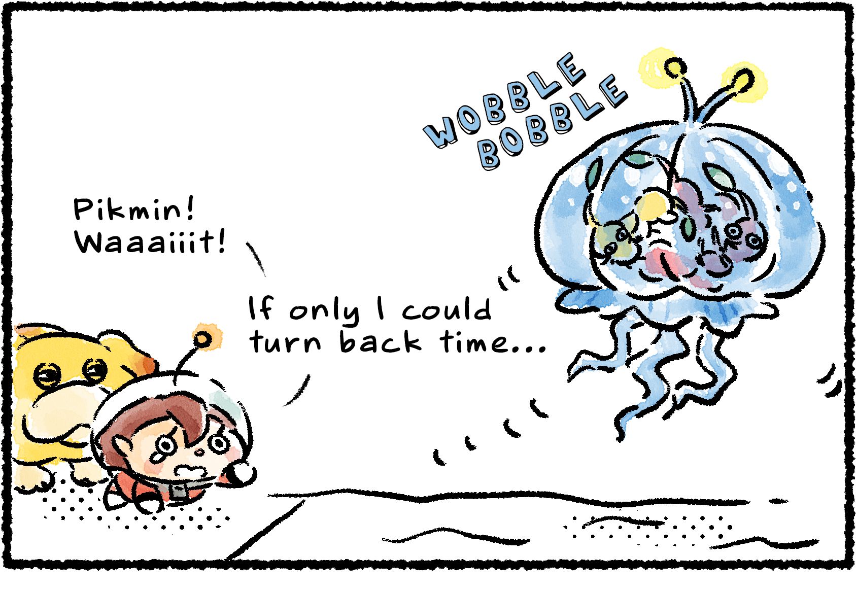 Panel one. A Rescue Officer and Oatchi chase after a Lesser Spotted Jellyfloat that's wobbling away with their Pikmin. "Pikmin! Waaaiiit!" the Rescue Officer cries. "If only I could turn back time..."