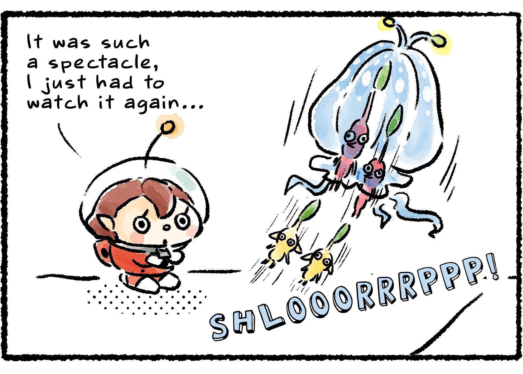 Panel three. The Rescue Officer watches helplessly as the Lesser Spotted Jellyfloat returns to gobble up her Pikmin. "Shlooorrrppp!"