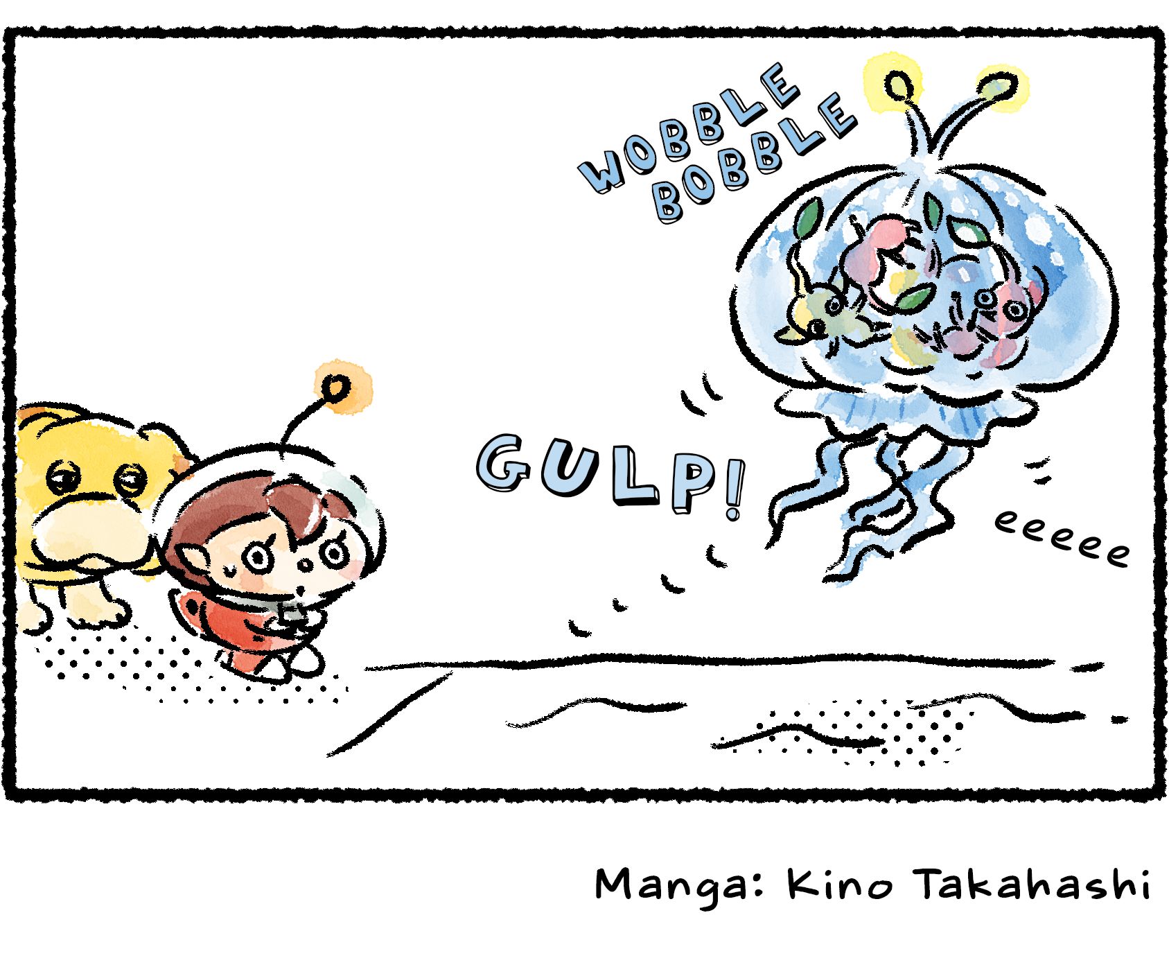 Panel four. As the Jellyfloat gulps down the Pikmin and begins to wobble away, the Rescue Officer and Oatchi are in the same position they were before. "It was such a spectacle," the Rescue Officer says, "I just had to watch it again..."