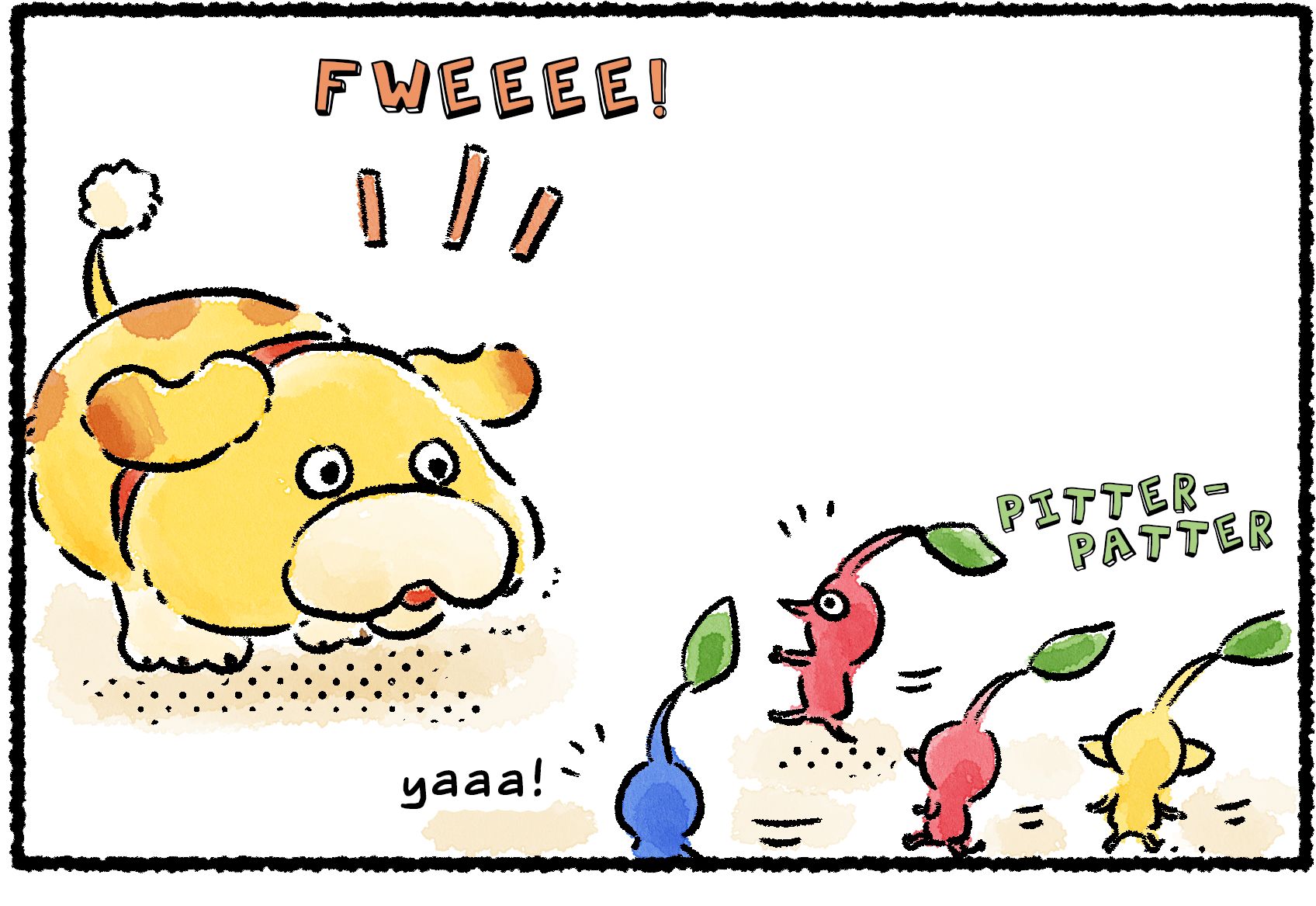 Panel one. Oatchi makes a whistling noise: "Fweee!" Several Pikmin are running towards him.