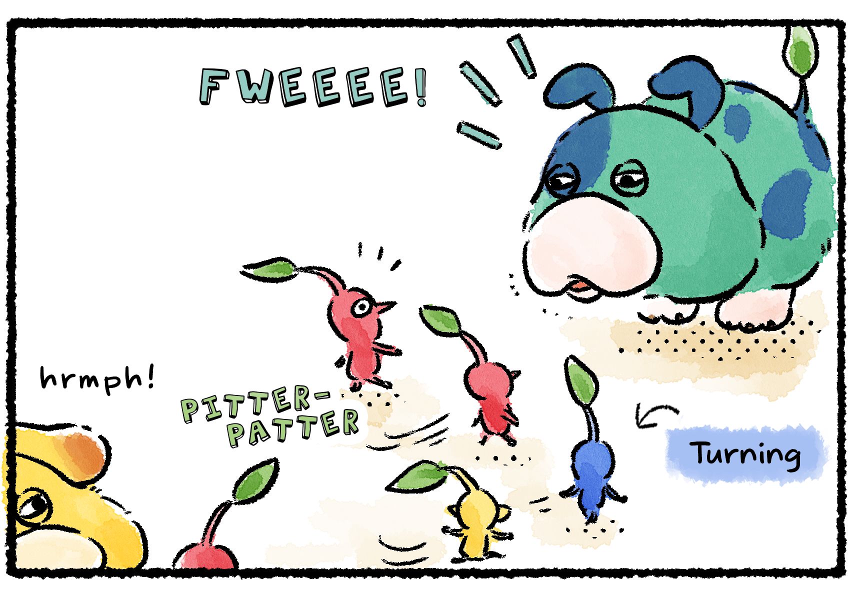 Panel two. Moss makes the same whistling noise as Oatchi: "Fweeee!" The Pikmin turn around and run from Oatchi to Moss. Oatchi narrows his eyes in jealousy.