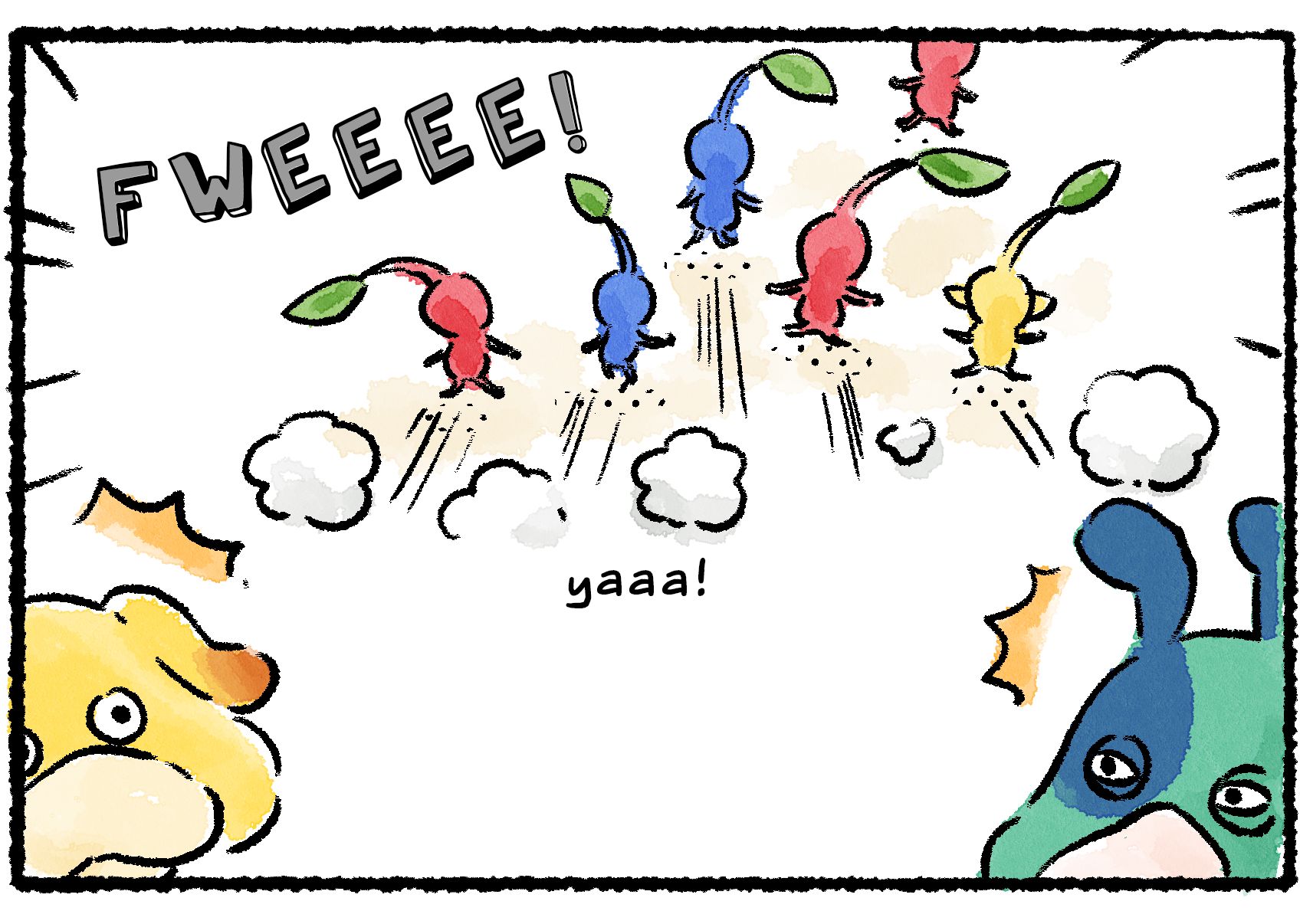 Panel three. The Pikmin hear yet another whistling sound, and turn away from both Moss and Oatchi to run towards it.