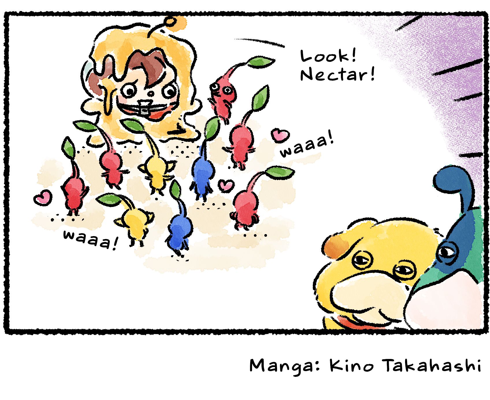 Panel four. A large number of Pikmin flock to a Rescue Officer who says, "Look! Nectar!" She's covered in it. Hearts appear around the Pikmin as they gather around. Moss and Oatchi watch with annoyed looks on their faces.
