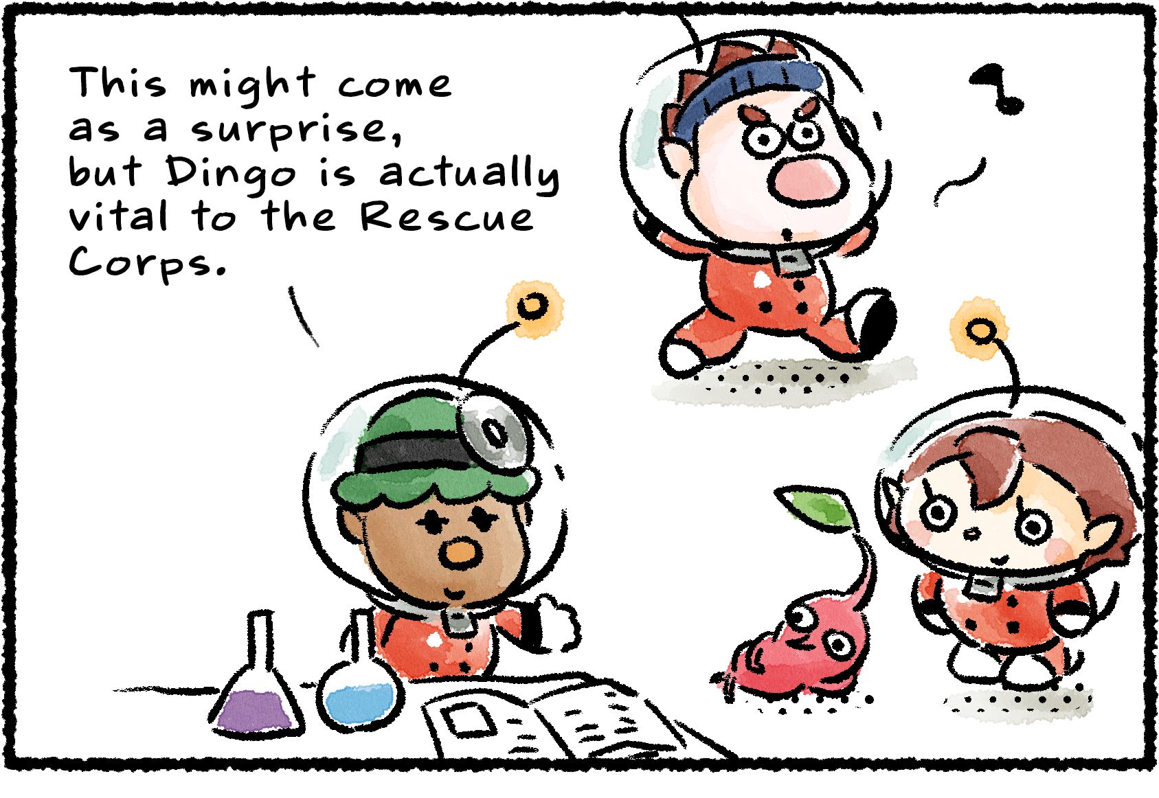 Panel one. A Rescue Officer and a Red Pikmin listen to Yonny talk about Dingo, who is running around aimlessly in the background. "This might come as a surprise," Yonny says, "but Dingo is actually vital to the Rescue Corps."