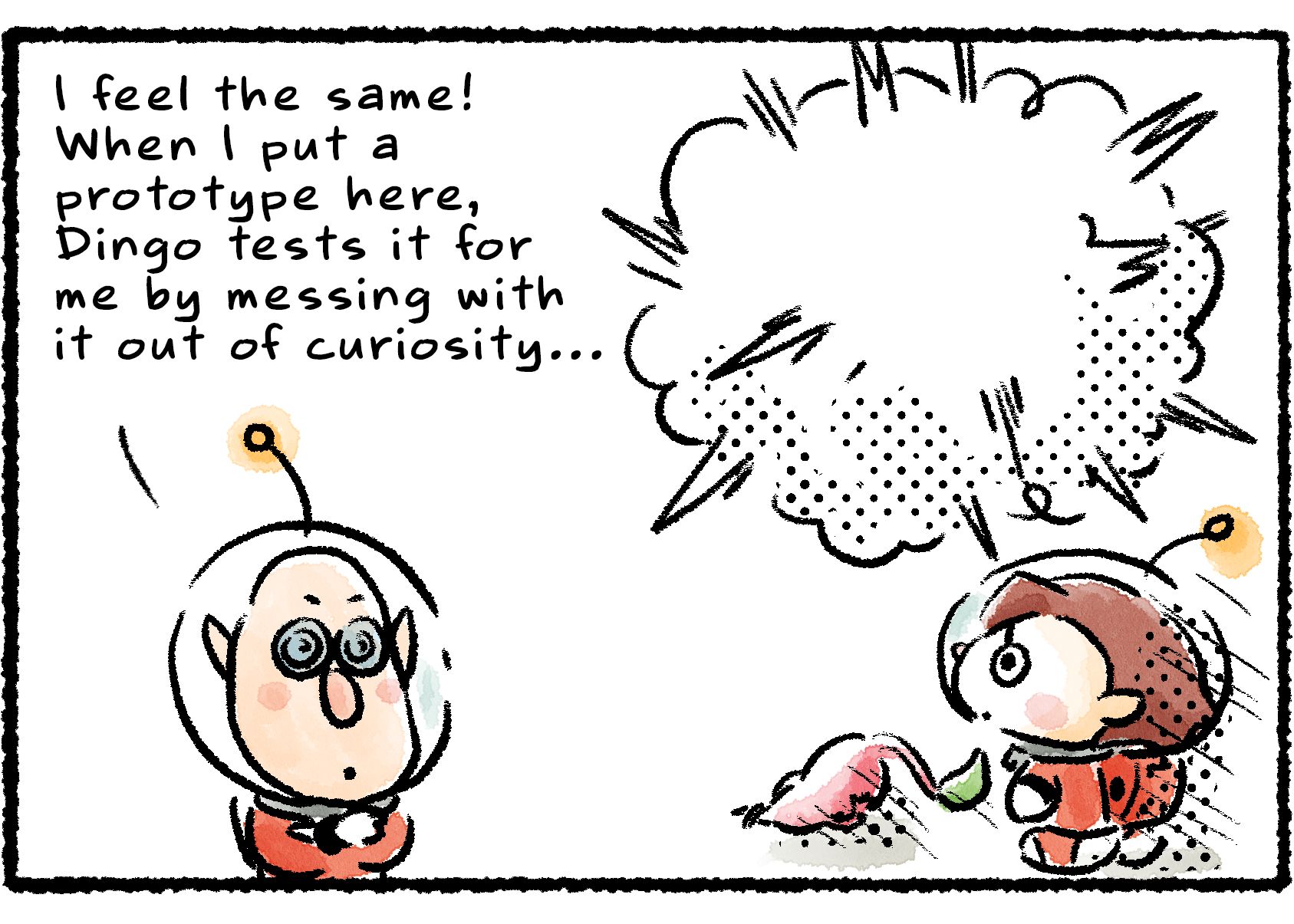 Panel three. As Russ joins the conversation, there is an explosion happening in the background. "I feel the same!" Russ says. "When I put a prototype here, Dingo tests it for me by messing with it out of curiosity..."