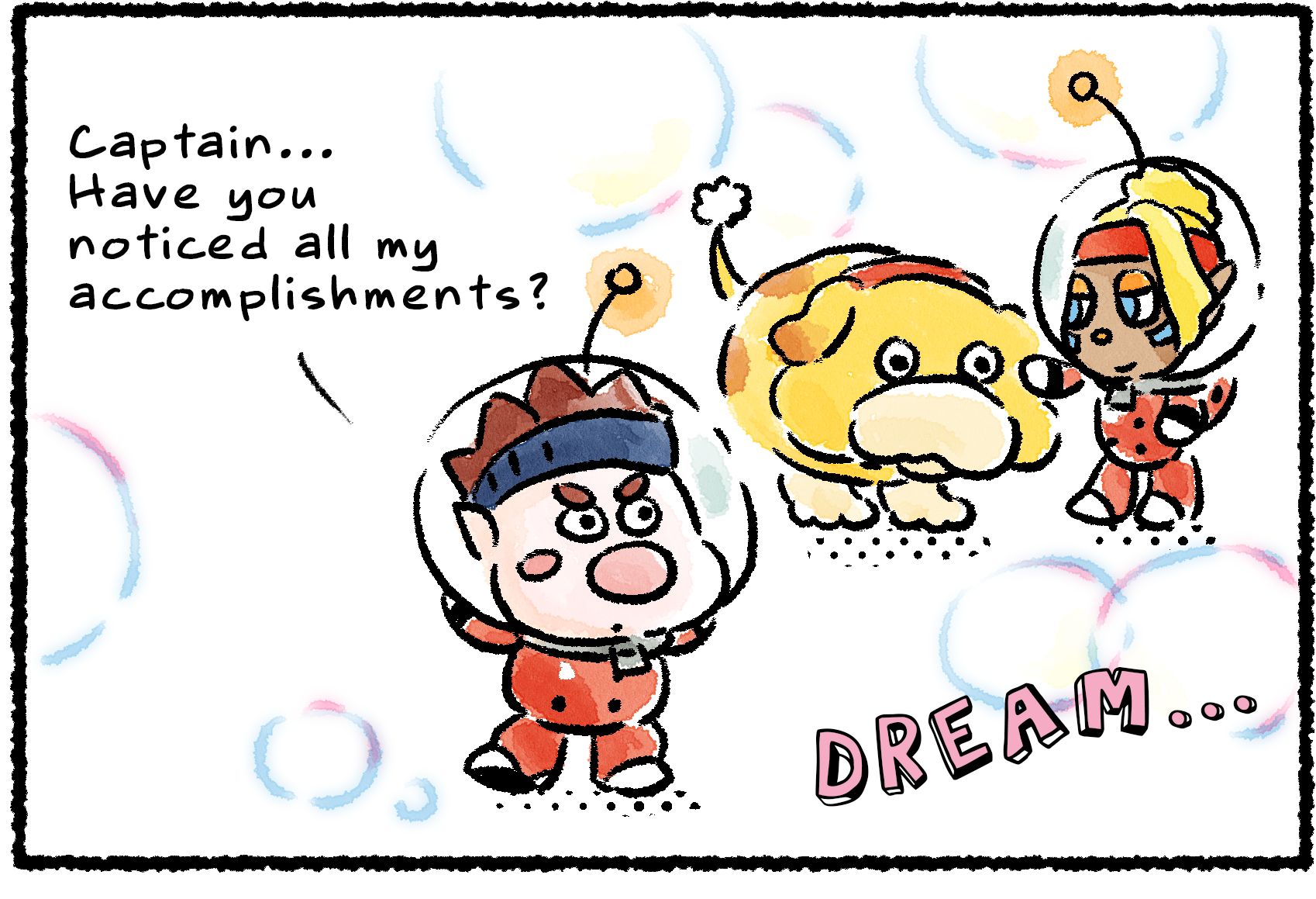 Panel one. Surrounded by dreamlike bubbles, Dingo approaches Shepherd and Oatchi and says, "Captain... Have you noticed all my accomplishments?" Descriptive text at the bottom reads: "Dream..."