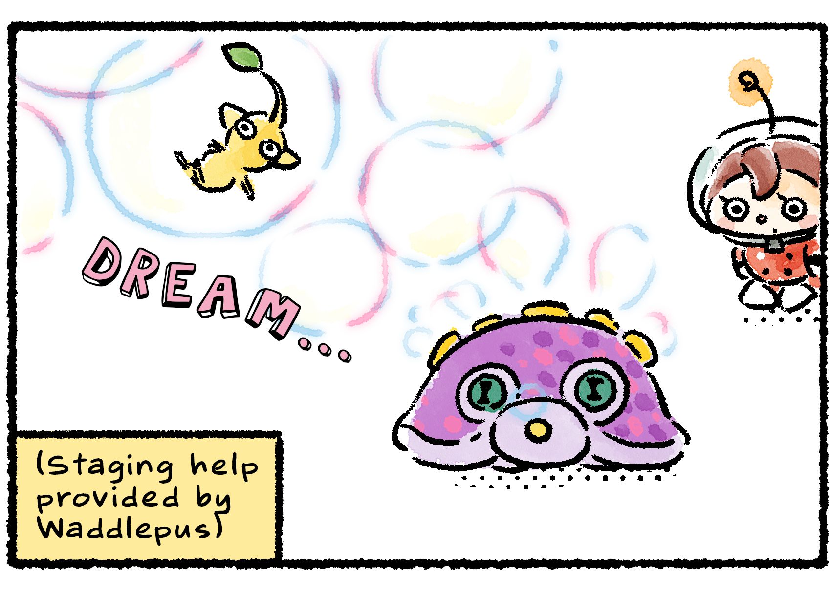 Panel two. The bubbles are coming from a Waddlepus. With a Rescue Officer looking on, and a Yellow Pikmin trapped inside one of the floating bubbles, descriptive text reads "Dream..." and then at the bottom: "(Staging help provided by Waddlepus)".