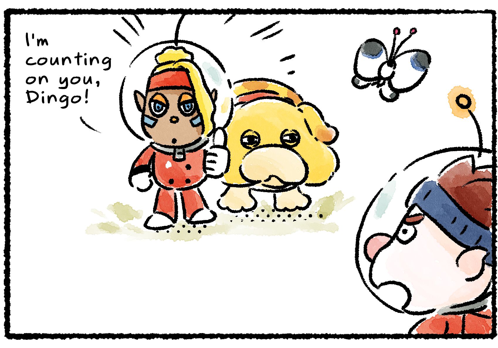 Panel three. Shepherd and Oatchi turn to face Dingo. To Dingo's shock, Shepherd gives him a thumbs up and says, "I'm counting on you, Dingo!" A butterfly floats nearby, dreamlike.