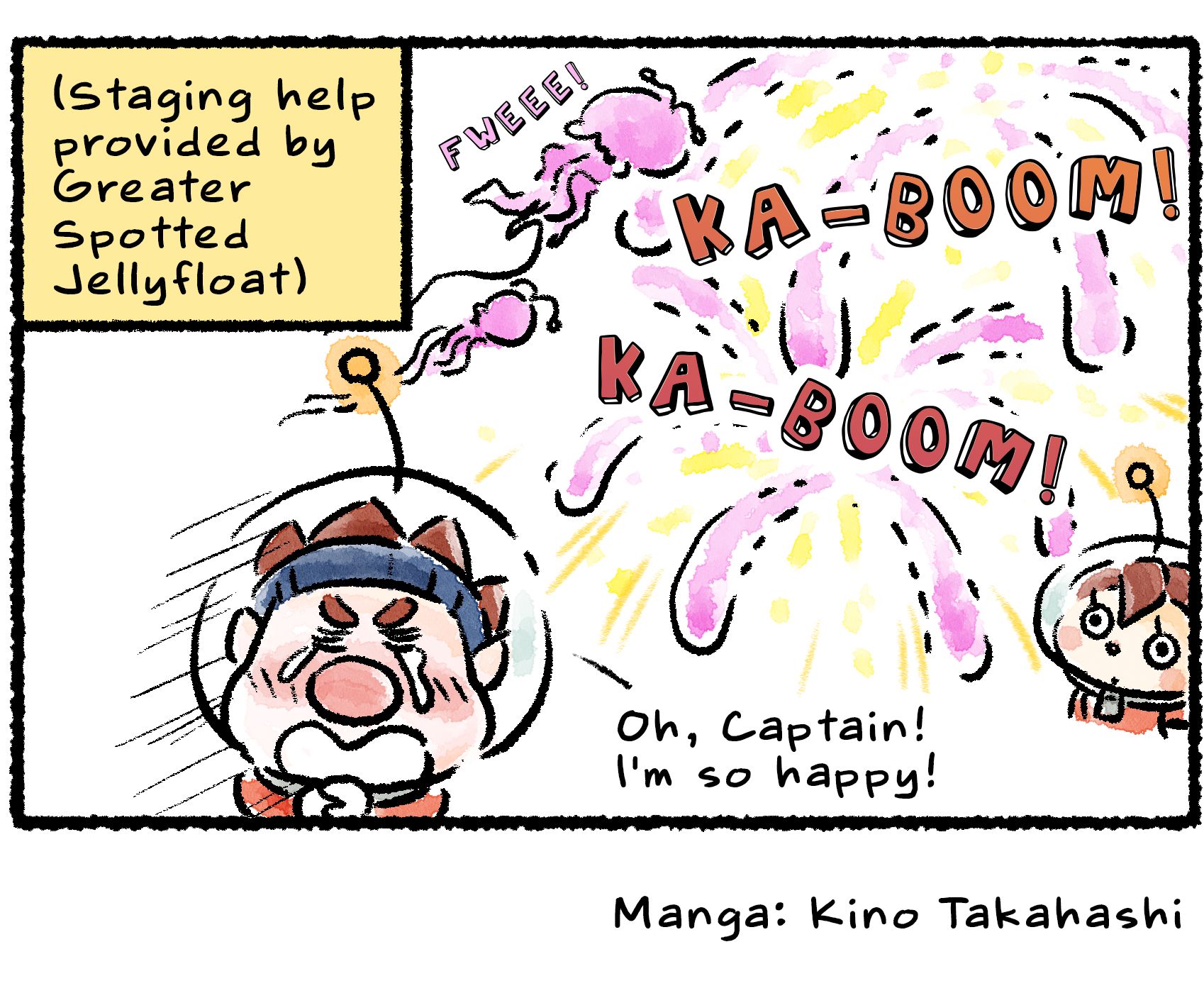 Panel four. Dingo bursts into tears and cries, "Oh, Captain! I'm so happy!" Greater Spotted Jellyfloats explode into showers of brilliant sparkles: "Ka-BOOM! Ka-BOOM!" Descriptive text reads: "(Staging help provided by Greater Spotted Jellyfloat)".