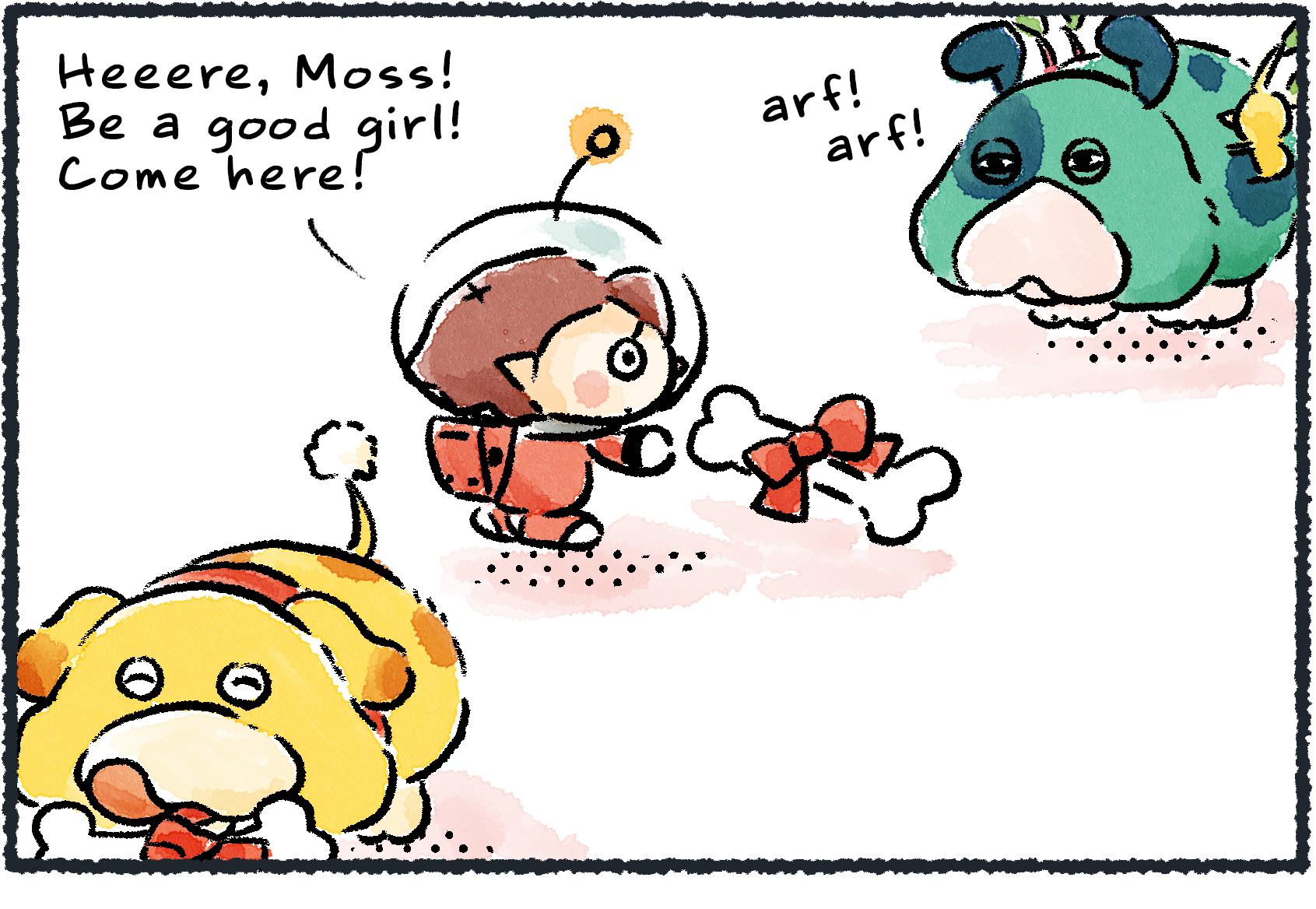 Panel one. A Rescue Officer has gotten Scrummy Bones for Oatchi and Moss. While Oatchi enjoys his, the Rescue Officer tries to lure Moss to hers. "Heeere, Moss! Be a good girl! Come here!"