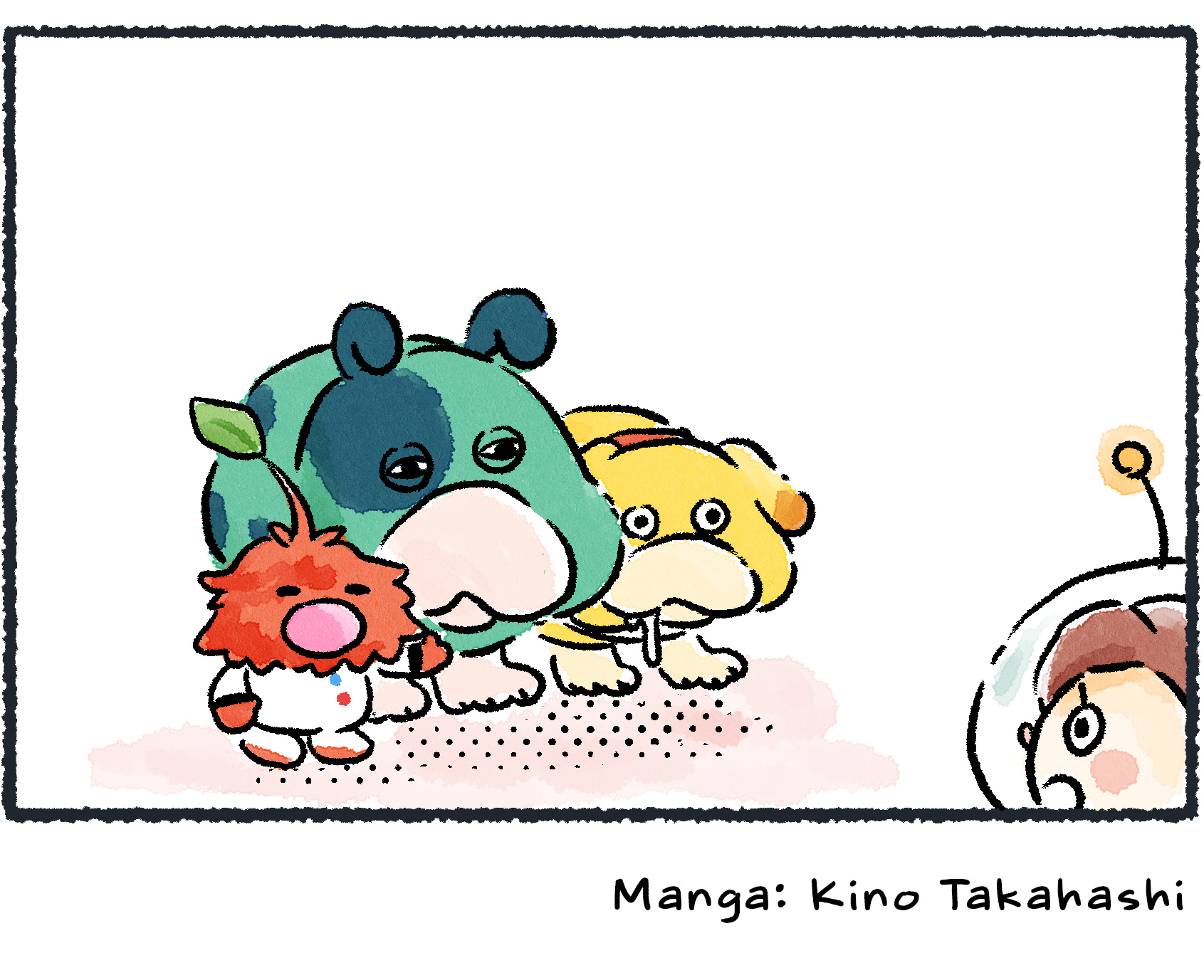 Panel four. As the Rescue Officer looks on in shock, Oatchi leaves her side to stand with Moss and Olimar. It seems he wants the super-high-end Scrummy Bones too.