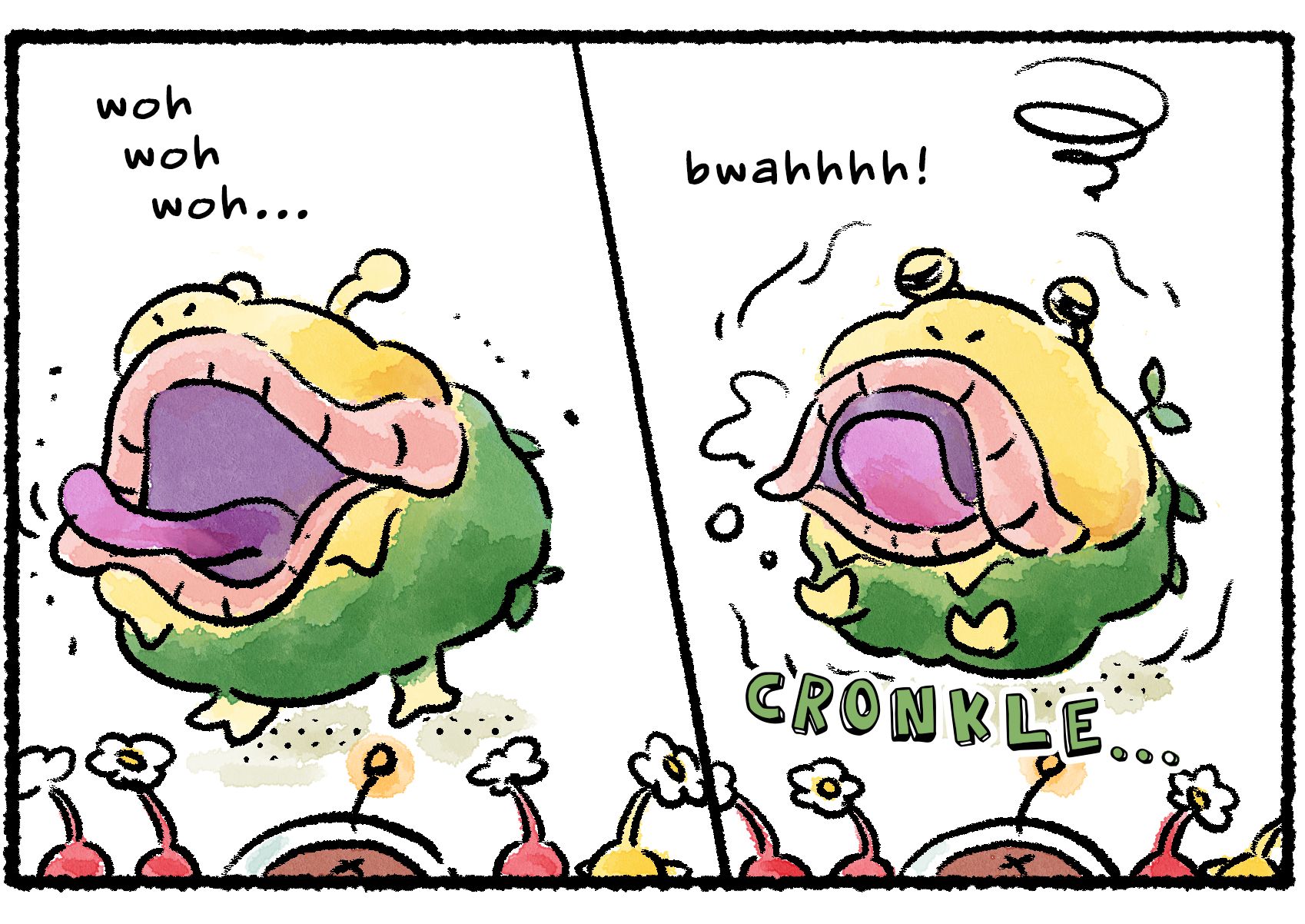 Panel two. The Rescue Officer and Pikmin look on from the foreground as the Emperor Bulblax wavers and falls. "Woh woh woh...bwahhhh!"