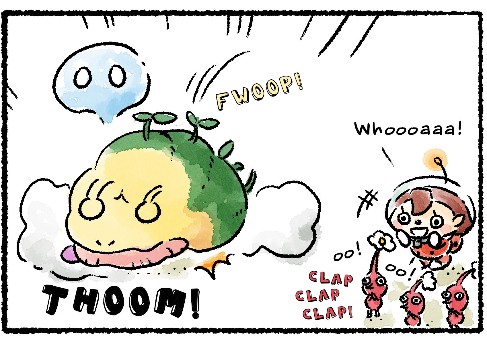 Panel three. The Emperor Bulblax crashes to the ground with a mighty THOOM! The Rescue Officer says "Whoooaaa!" and claps, while the Pikmin cheer "oo! oo!" and "ahh..."