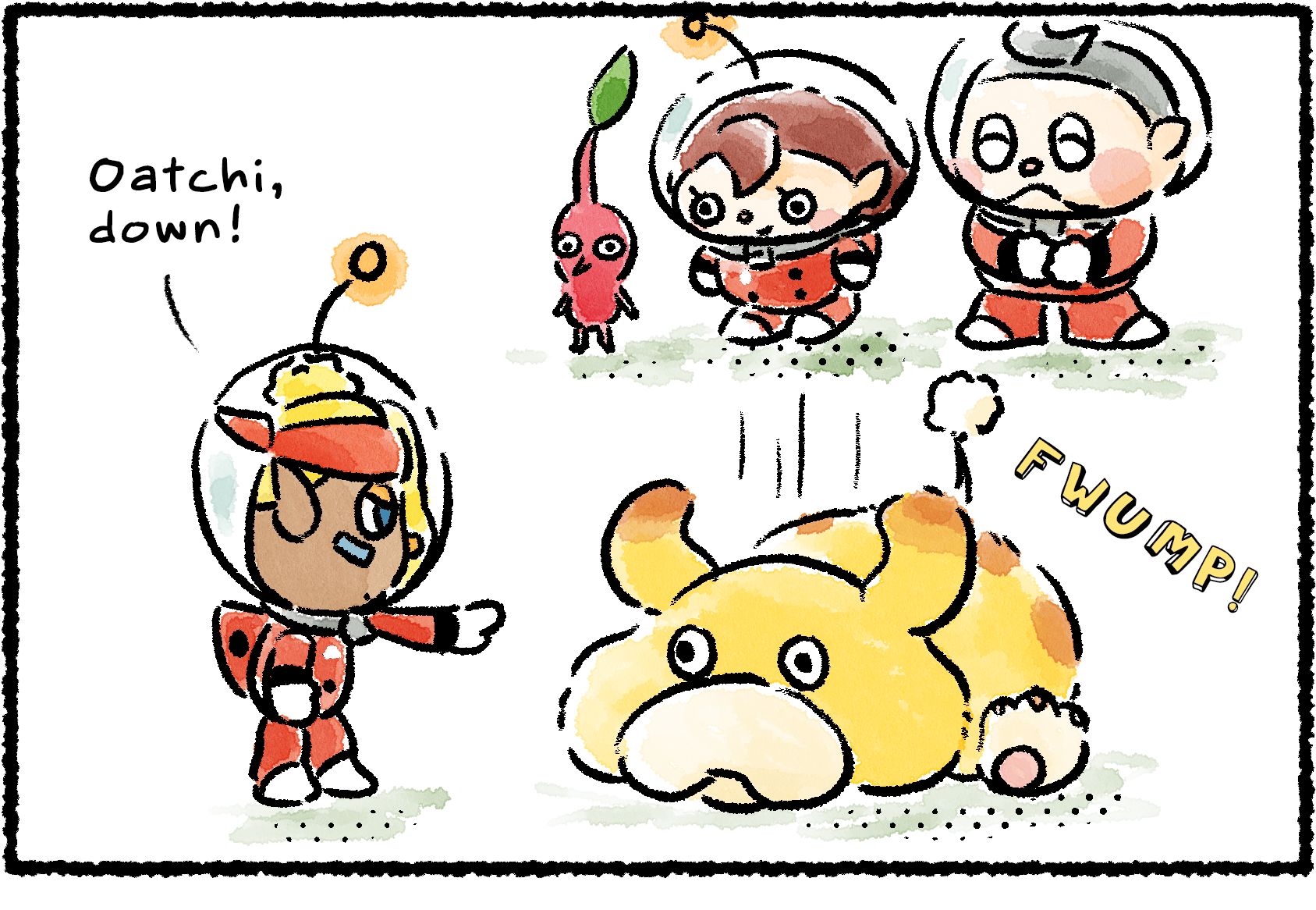 Panel one. A Rescue Officer, Collin, and a Red Pikmin watch as Shepherd runs Oatchi through some tricks. "Oatchi, down!" Shepherd says. Oatchi flops down onto the ground: "Fwump!"
