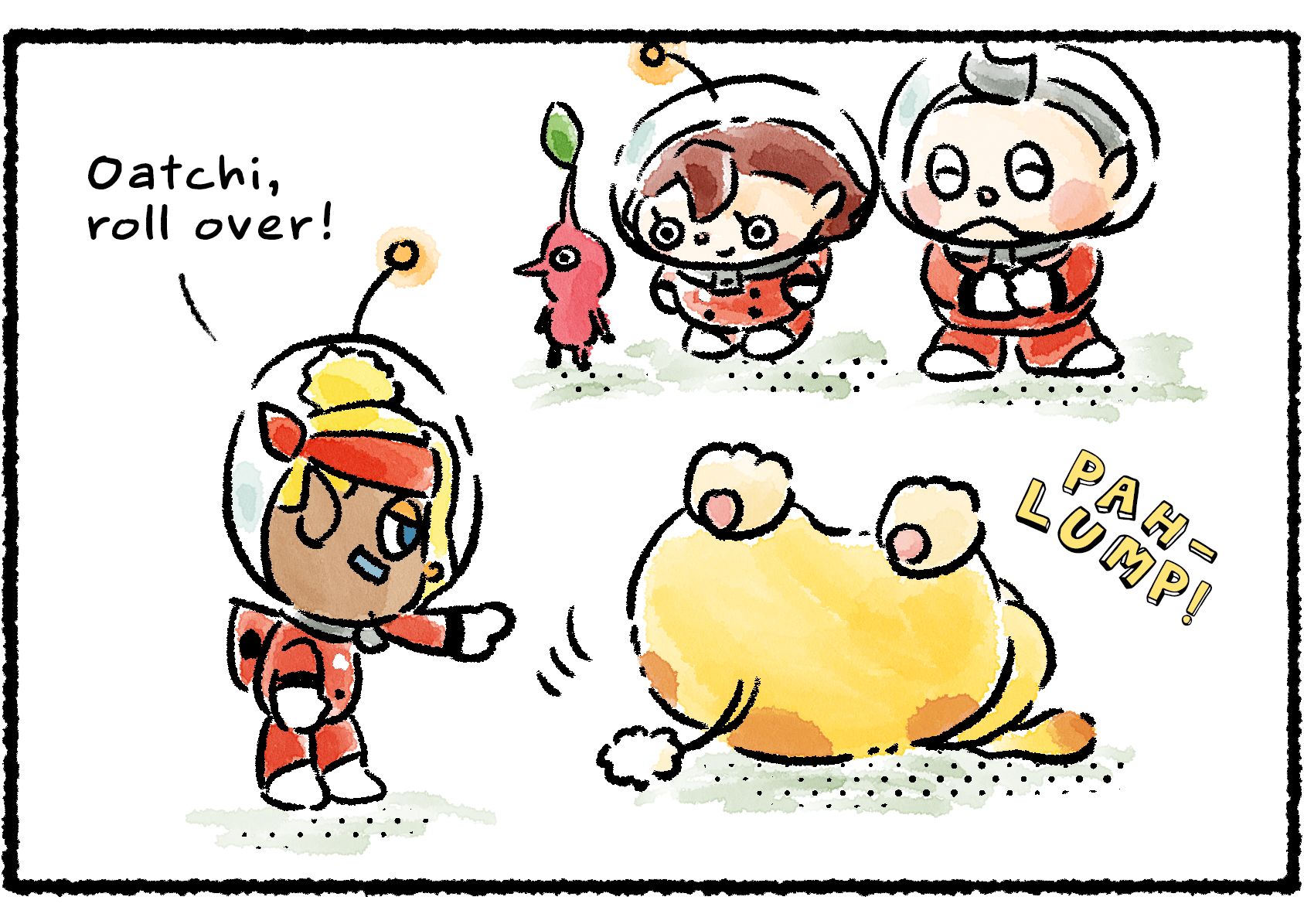 Panel two. Shepherd stands over Oatchi and says, "Oatchi, roll over!" Oatchi, now lying on his back with his feet up in the air, wiggles slightly: "Pah-lump!"