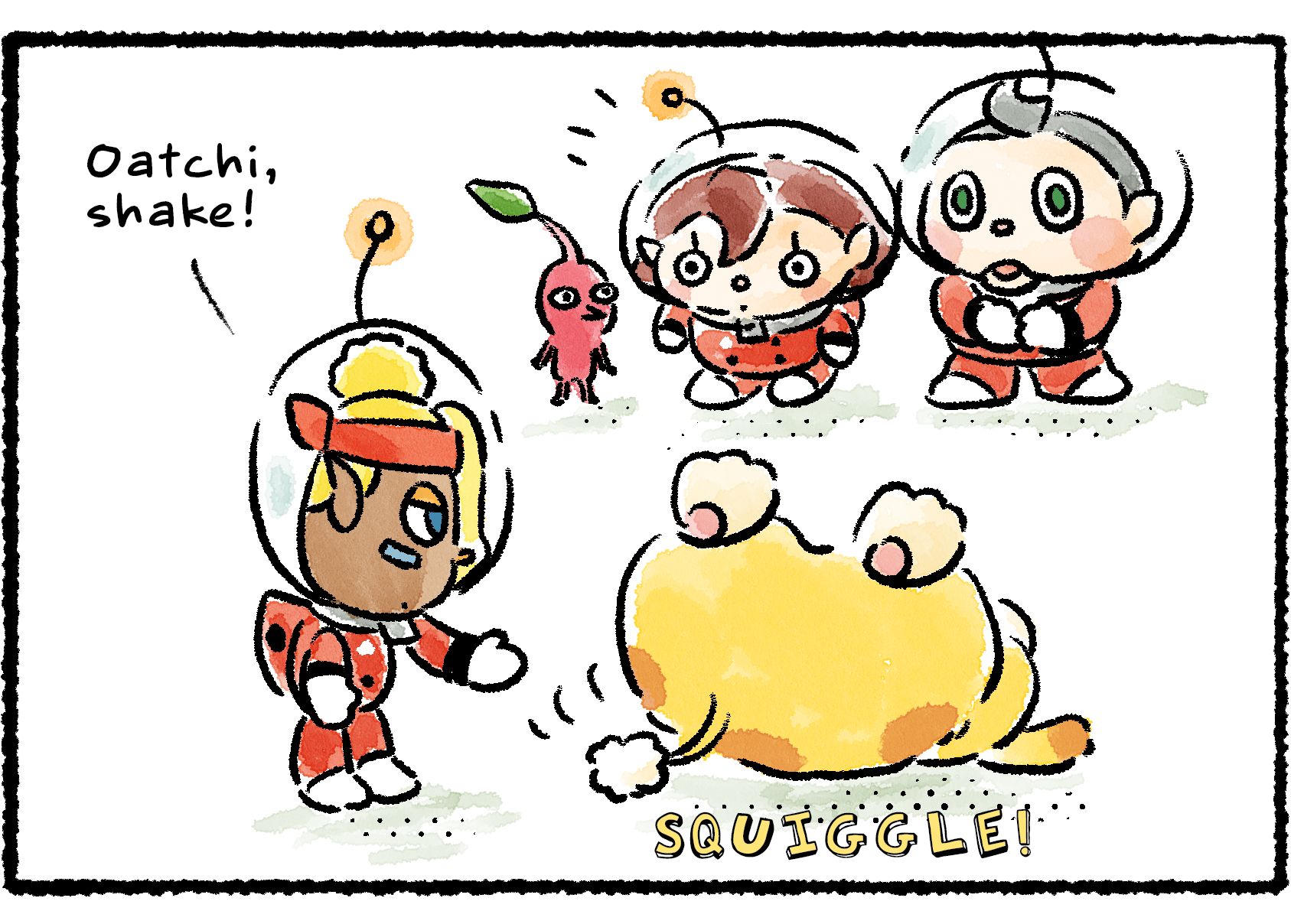 Panel three. Shepherd says, "Oatchi, shake!" In the same position as before, Oatchi wiggles very slightly: "Squiggle!" Collin and the Rescue Officer seem confused; it's starting to look like Oatchi isn't actually doing very much.