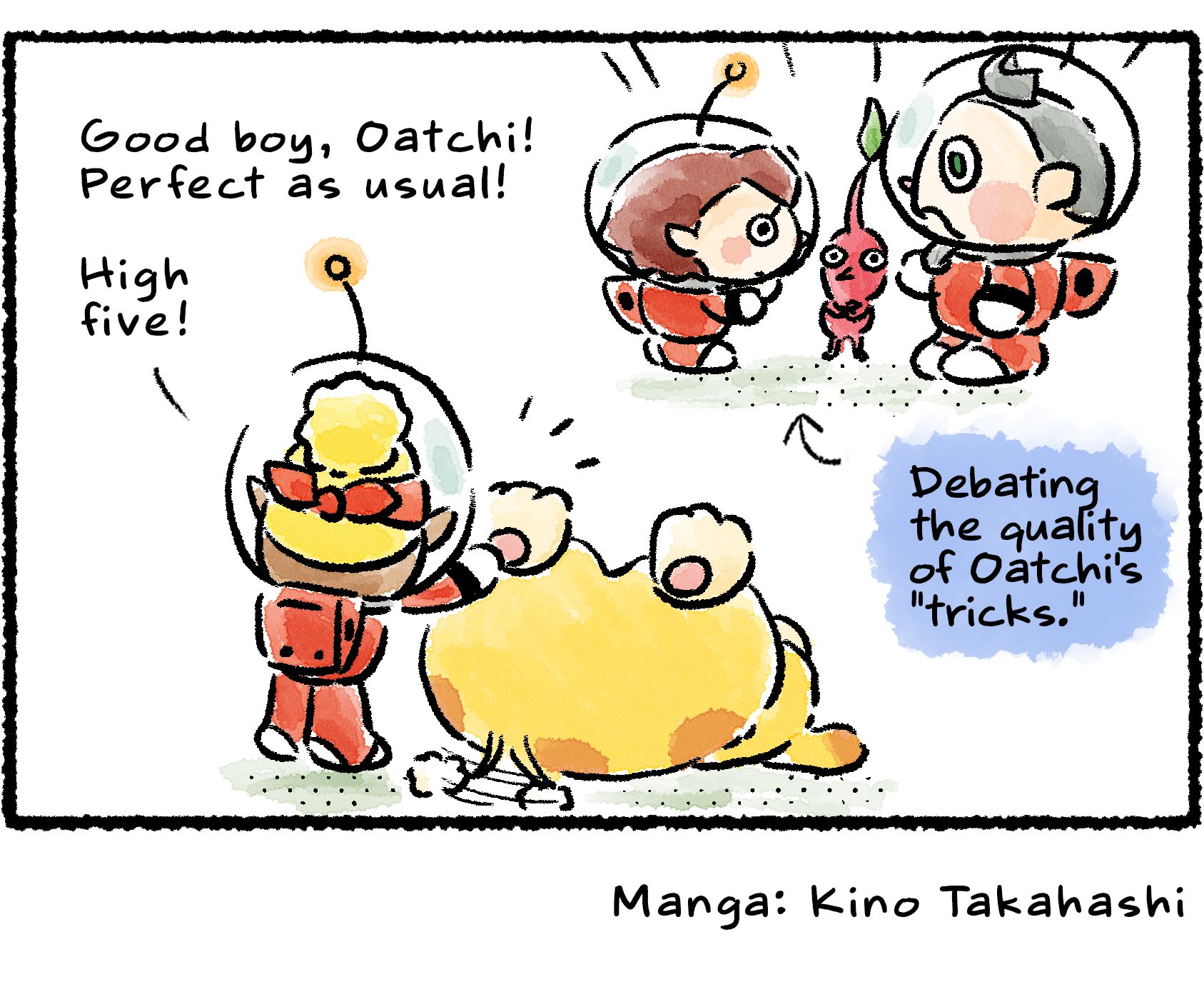 Panel four. Shepherd says, "Good boy, Oatchi! Perfect as usual!" and slaps Oatchi's raised foot. "High five!" As the Rescue Officer and Collin look at each other, descriptive text indicates that they are "Debating the quality of Oatchi's 'tricks.'"