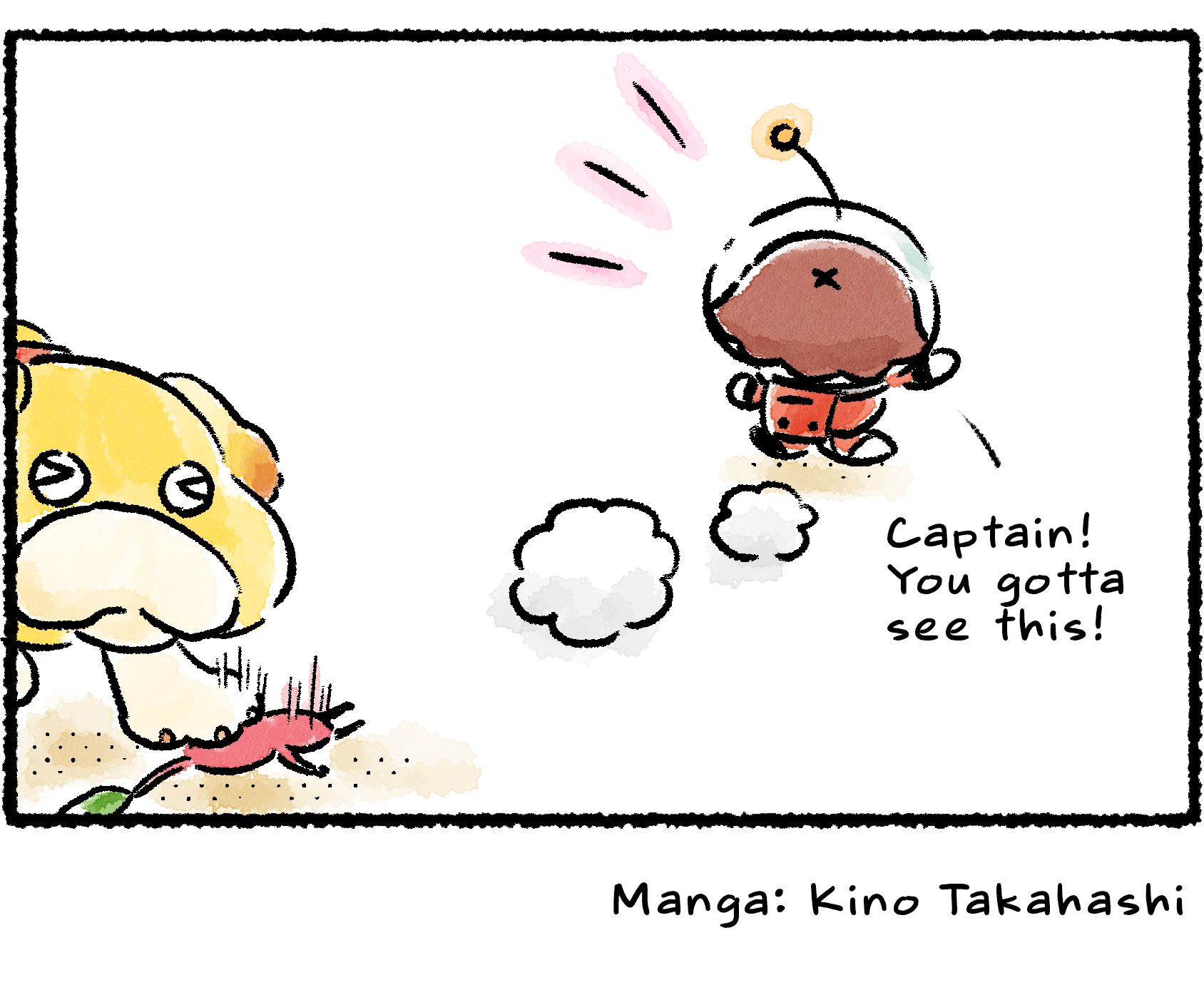 Panel four. The Fiery Bulblax is lying on the ground with the flower of a White Pikmin sticking out of its mouth. It seems to have found out the hard way that White Pikmin are poisonous. "Guess it took that literally," the Rescue Officer says.