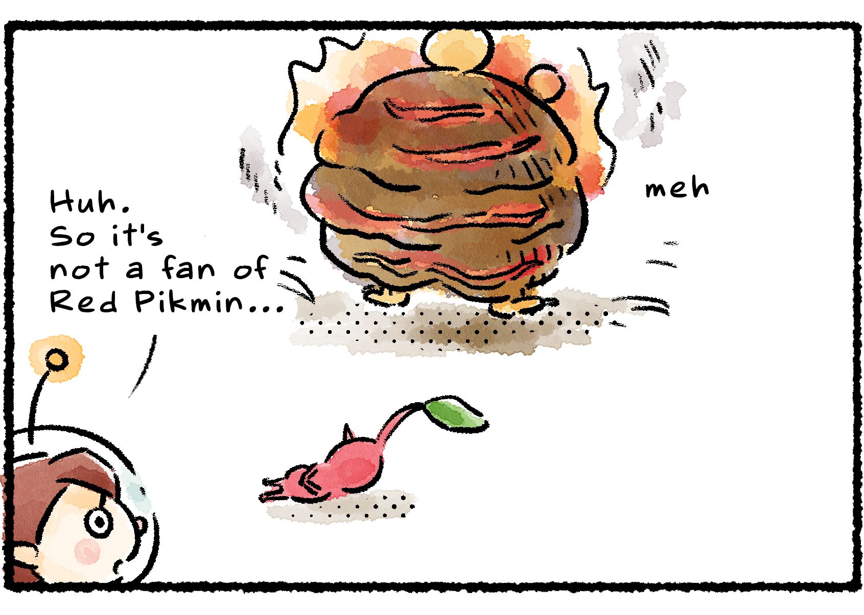 Panel two. The Fiery Bulblax turns away with a "meh." "Huh," the Rescue Officer says. "So it's not a fan of Red Pikmin..."