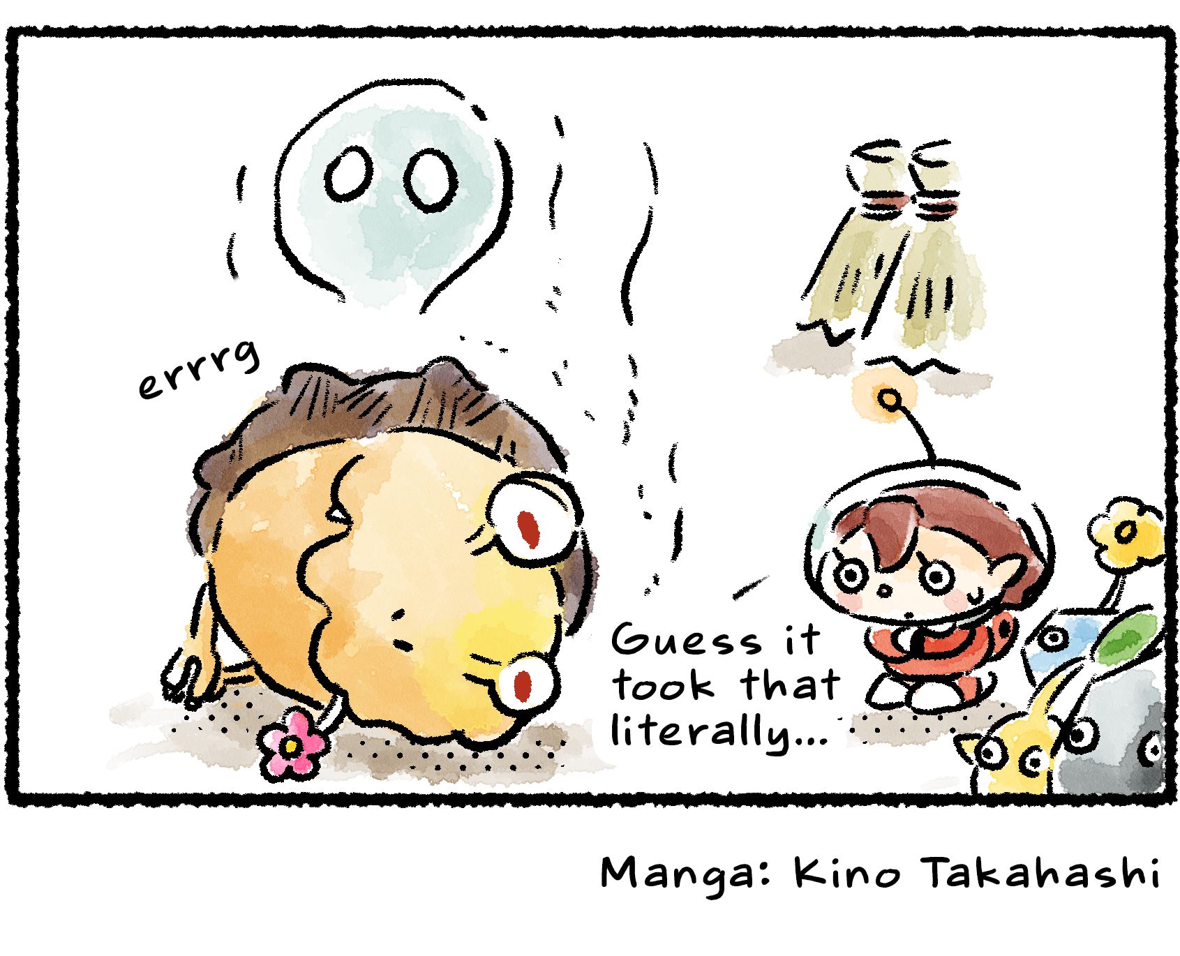 Panel four. The Fiery Bulblax is lying on the ground with the flower of a White Pikmin sticking out of its mouth. It seems to have found out the hard way that White Pikmin are poisonous. "Guess it took that literally," the Rescue Officer says.