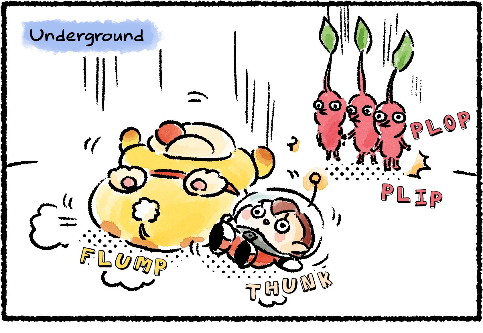 Panel one. Oatchi, a Rescue Officer, and several Red Pikmin land in the underground. While the Pikmin land on their feet, Oatchi and the Rescue Officer land awkwardly on their backs.