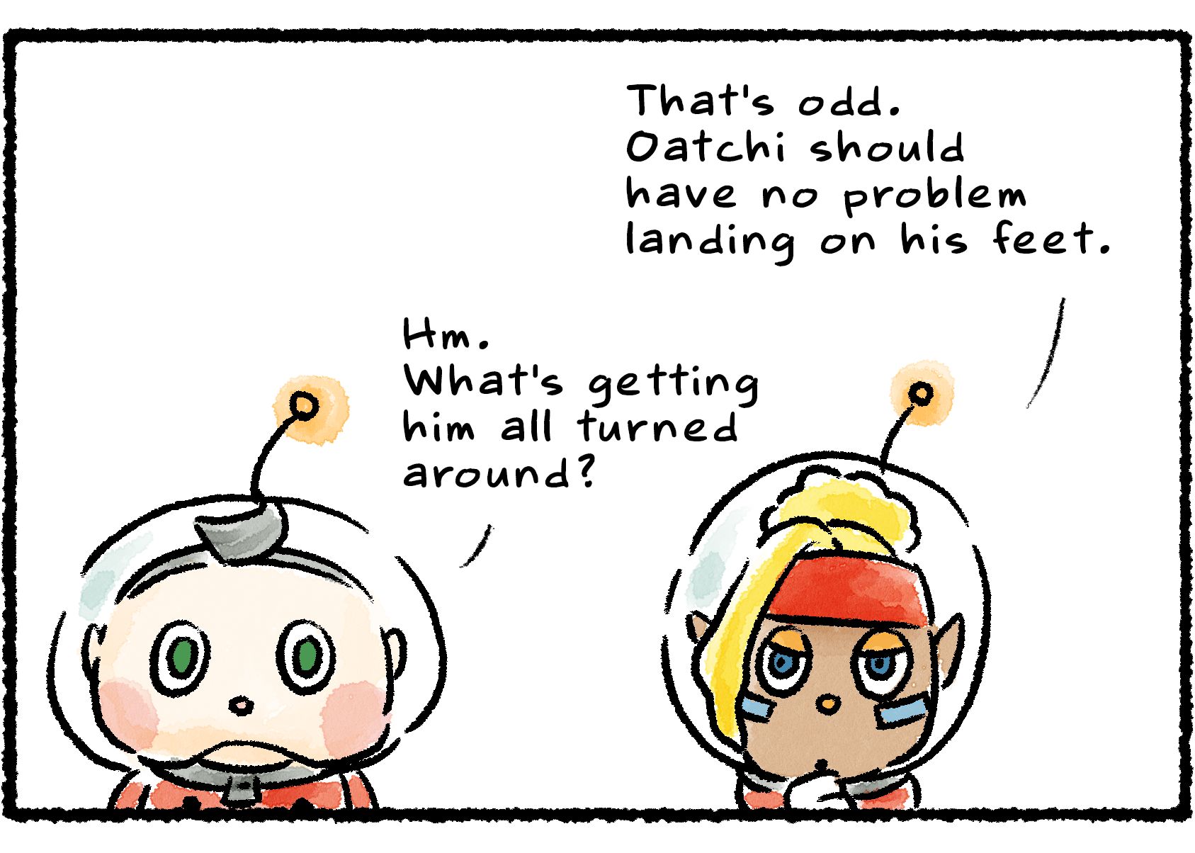 Panel two. Shepherd and Collin comment on Oatchi's fall. "That's odd," Shepherd says. "Oatchi should have no problem landing on his feet." "Hm," Collin says. "What's getting him all turned around?"