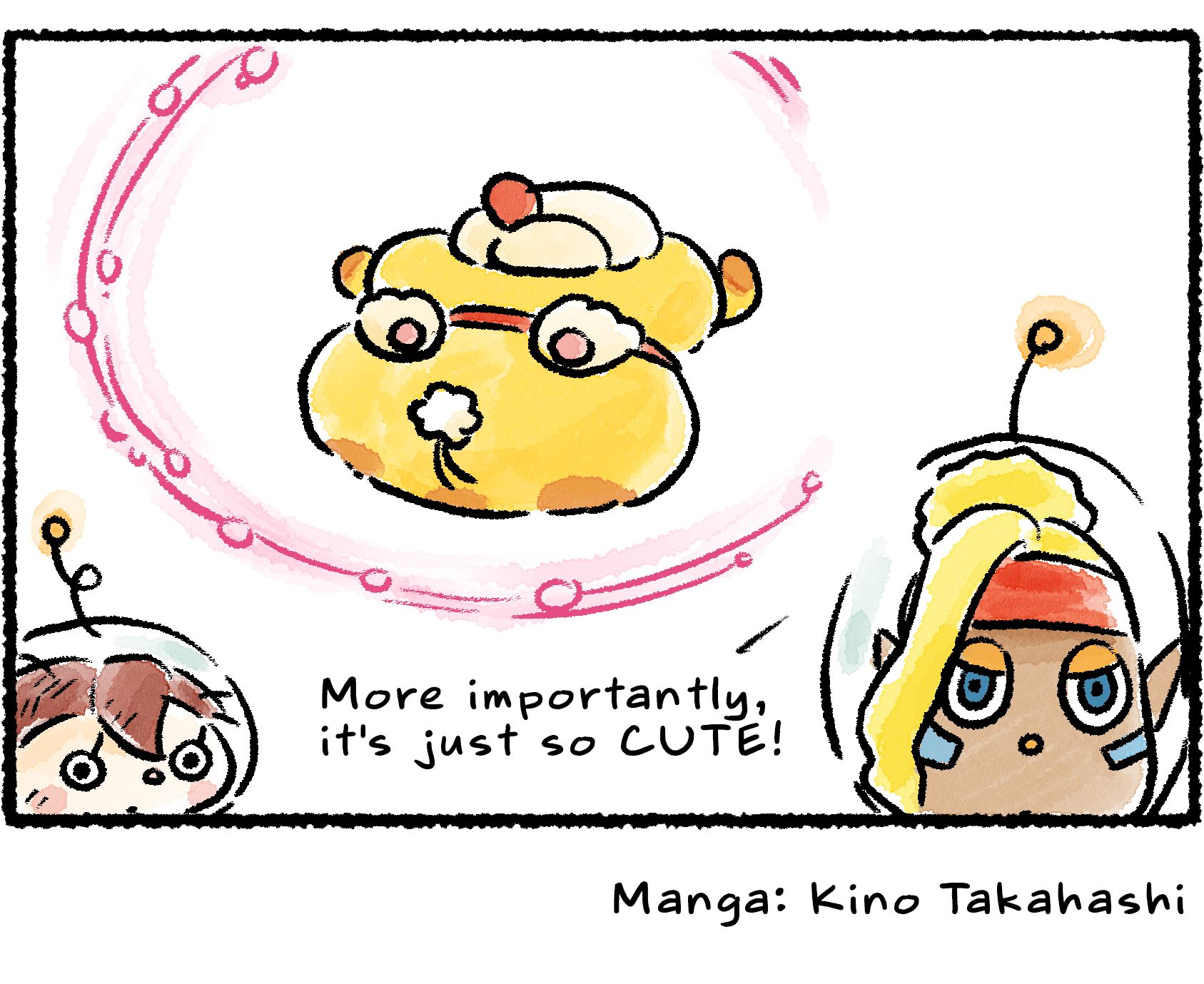 Panel four. "More importantly," Shepherd says, "it's just so CUTE!" Oatchi, lying flat on his back with his feet in the air, is drawn in a swirling pink thought bubble over Shepherd's head. The Rescue Officer watches Shepherd bewilderedly. 