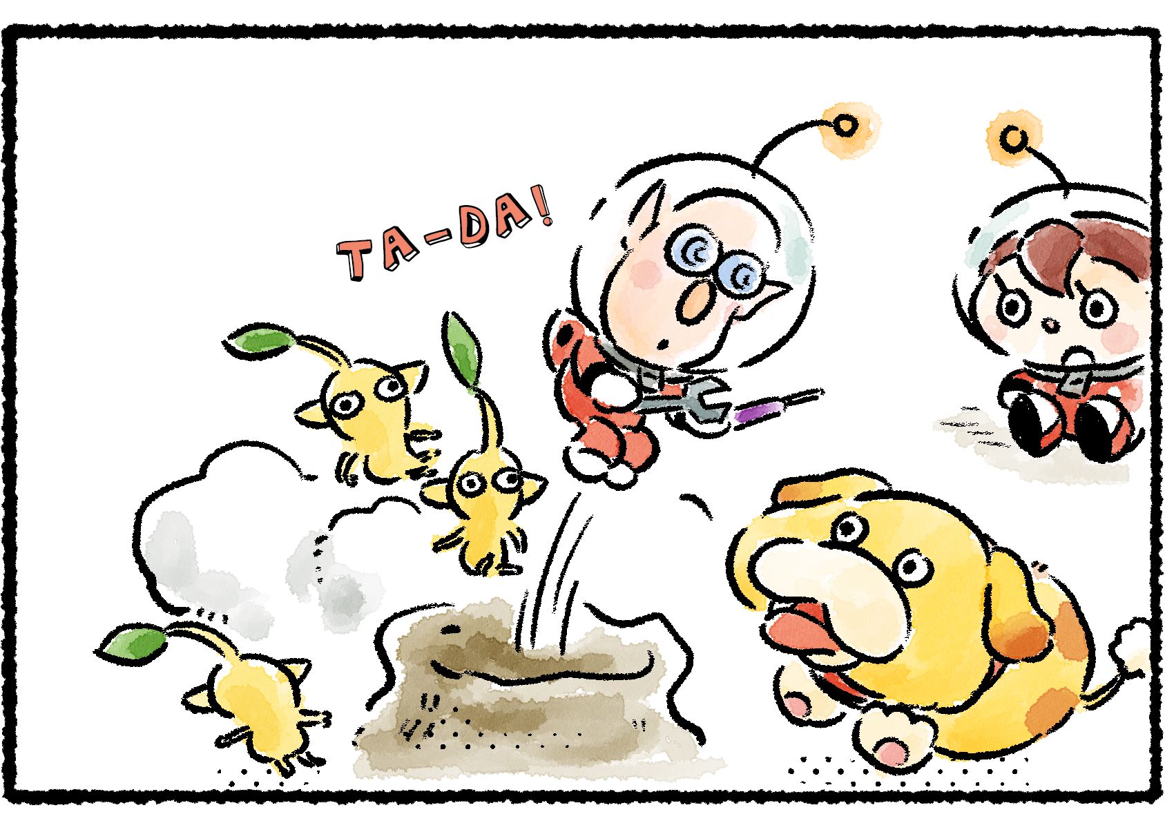 Panel three. Oatchi and the Yellow Pikmin fling Russ out from inside the dirt mound. "Ta-da!"